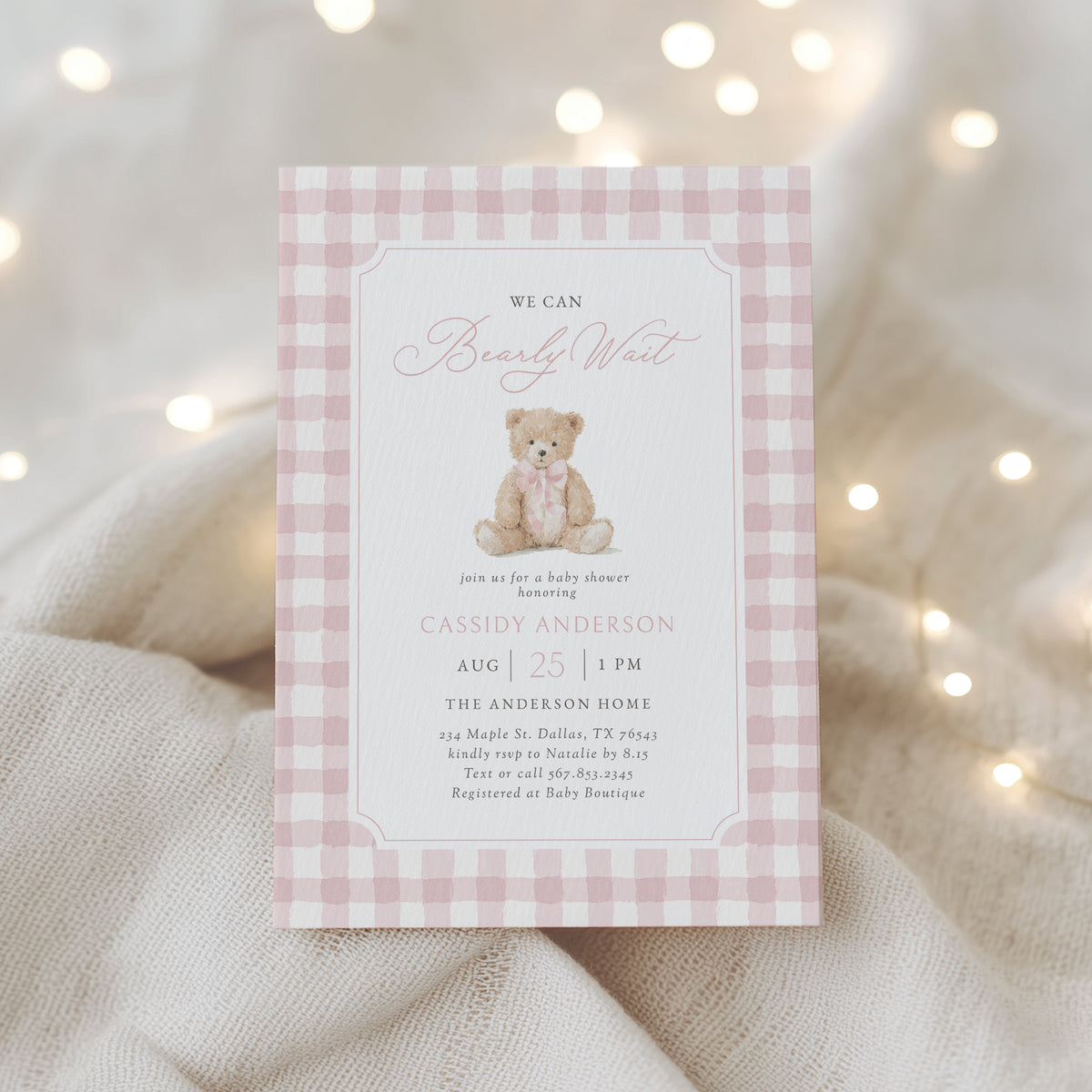 Pink Gingham Teddy Bear Baby Shower Invitation