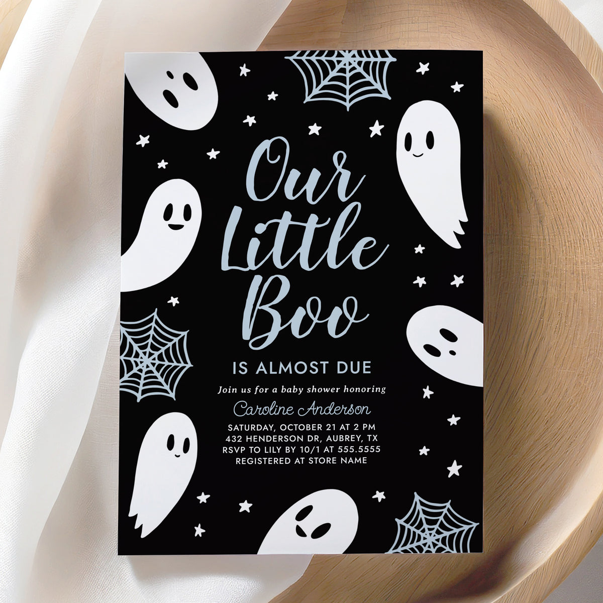 A Little Boo is Almost Due Baby Shower Invitation Template (Black &amp; Blue)
