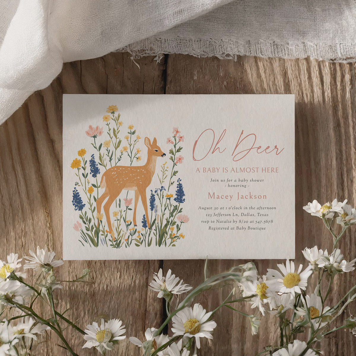 Floral Deer Baby Shower Invitation