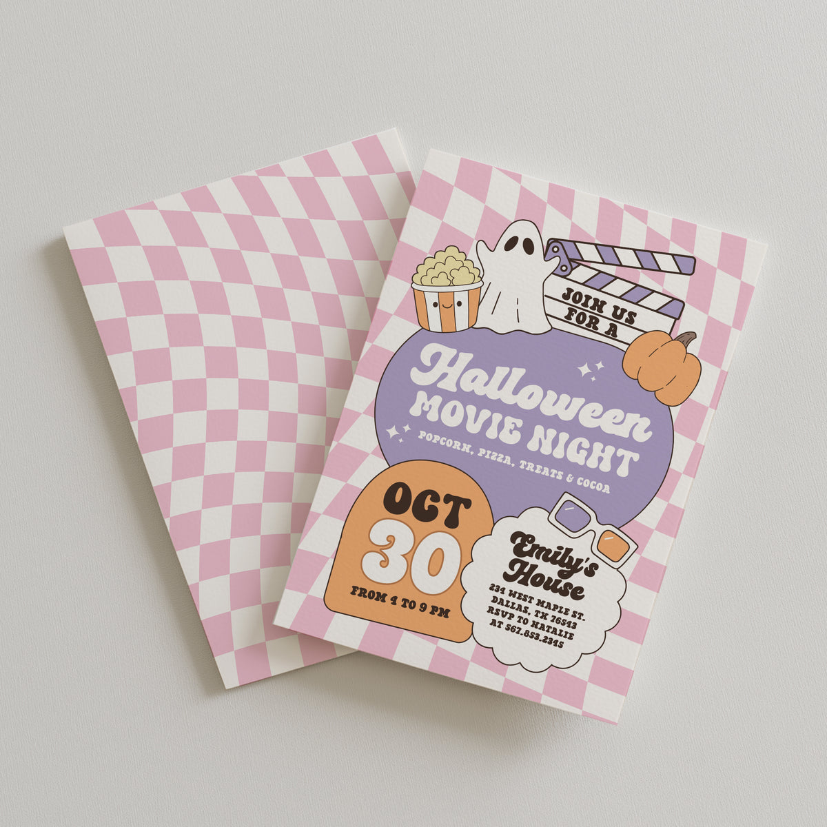 Pink Retro Checker Halloween Movie Night Invitation