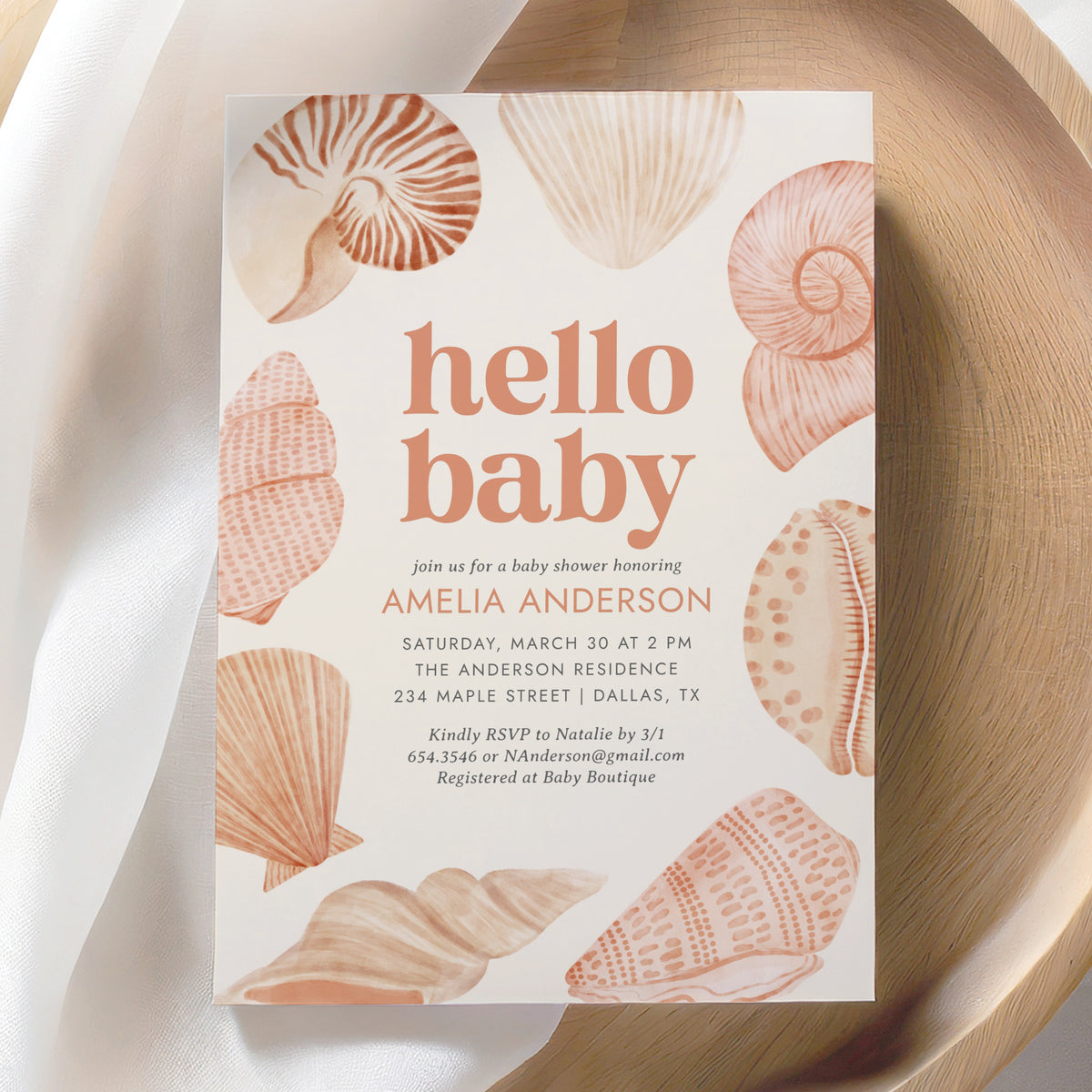 Hello Baby Sea Shell Baby Shower Invitation