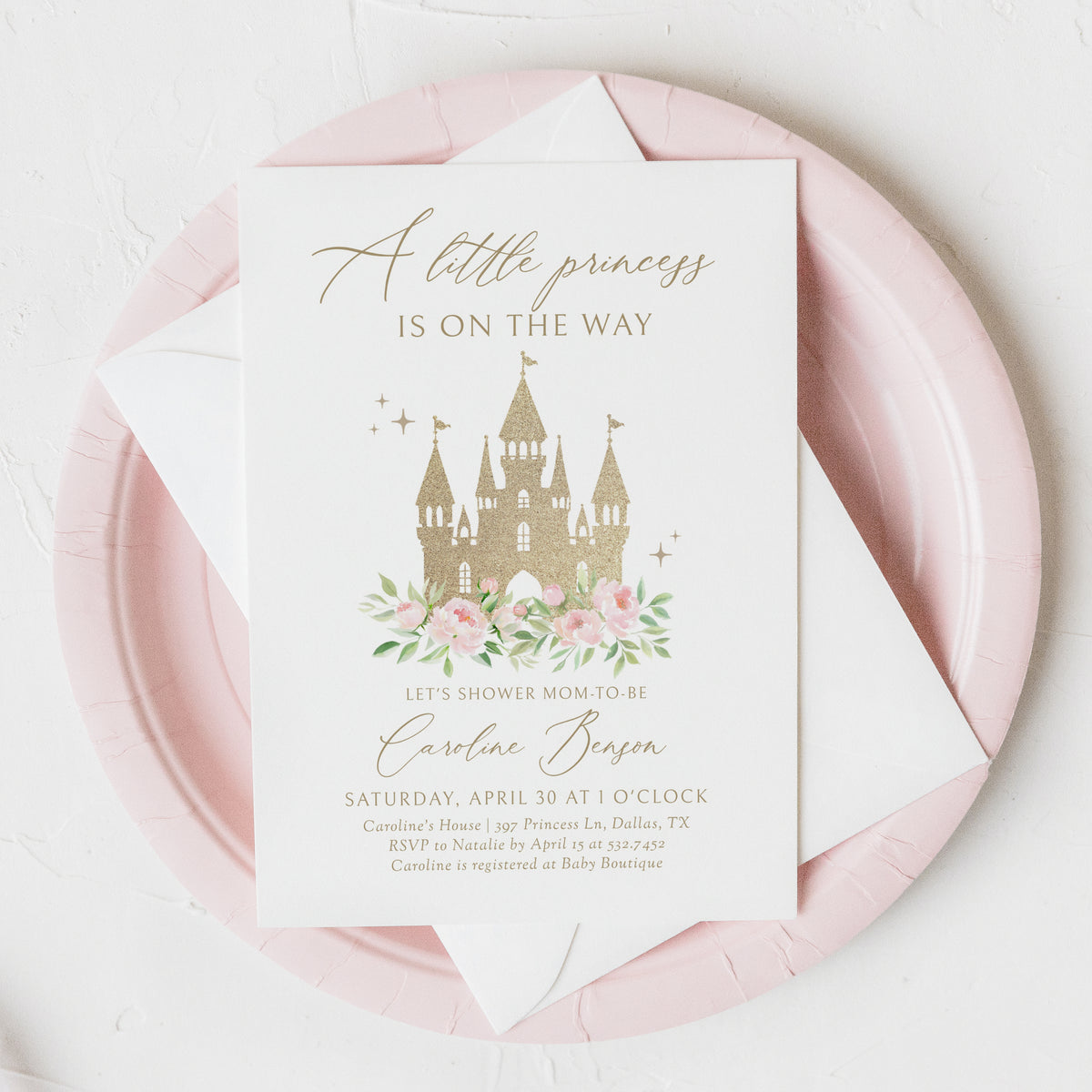 Gold Princess Castle Baby Shower Invitation