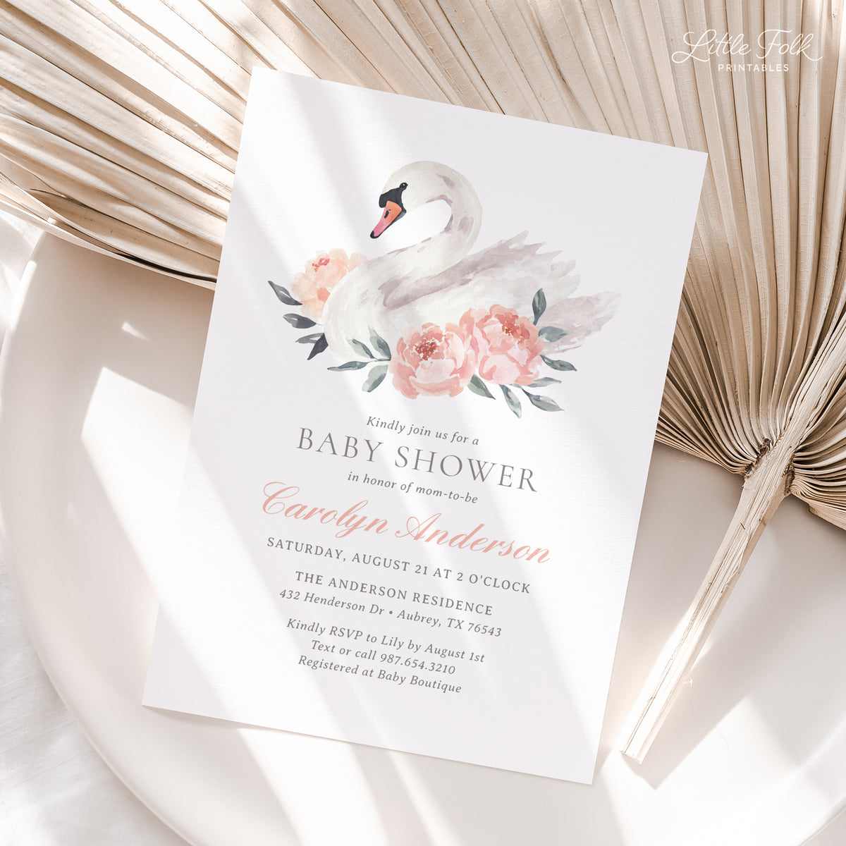 Floral Swan Baby Shower Invitation