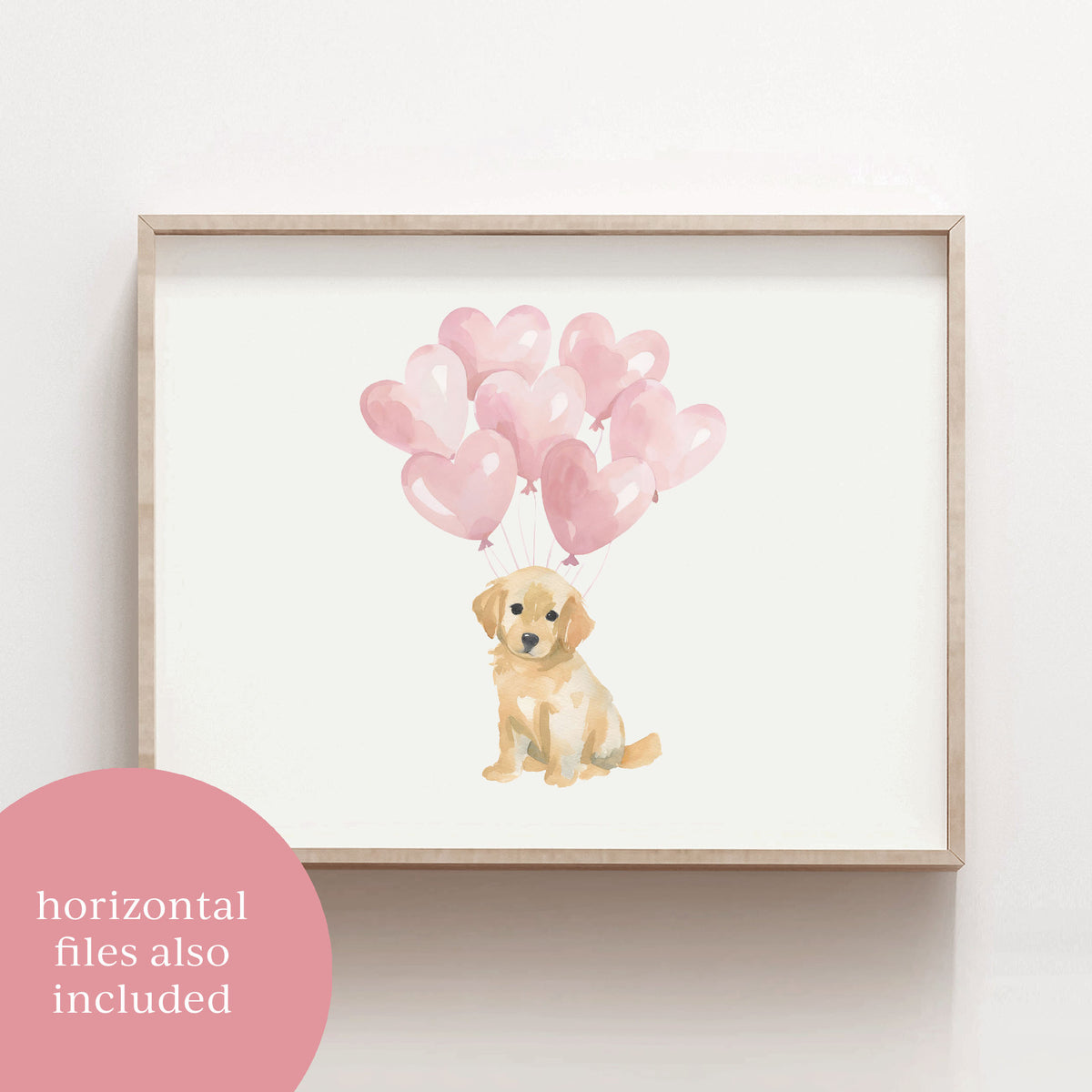 Golden Retriever with Pink Heart Balloons Print