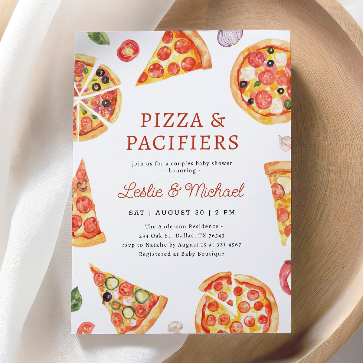 Pizza and Pacifiers Baby Shower Invitation