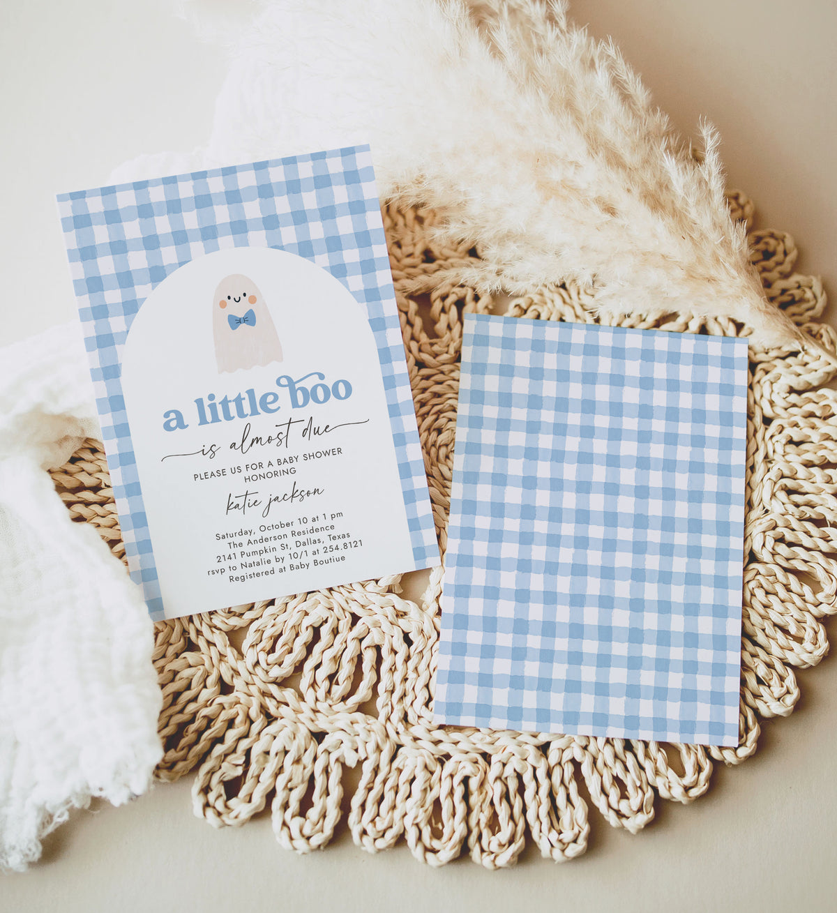 Little Boo Blue Gingham Baby Shower Invitation