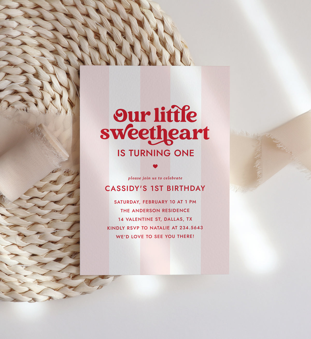 Little Sweetheart Pink Stripe Birthday Invitation