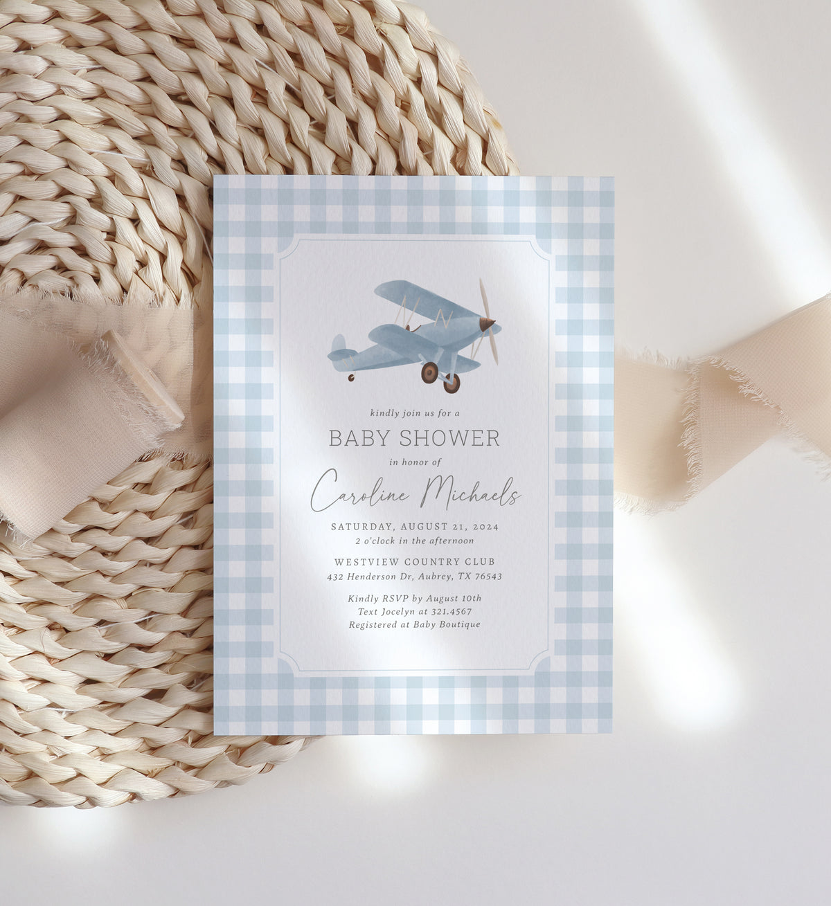 Blue Gingham Airplane Baby Shower Invitation