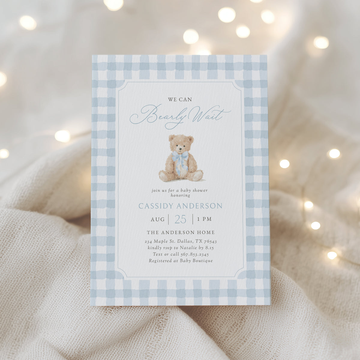 Blue Gingham Teddy Bear Baby Shower Invitation