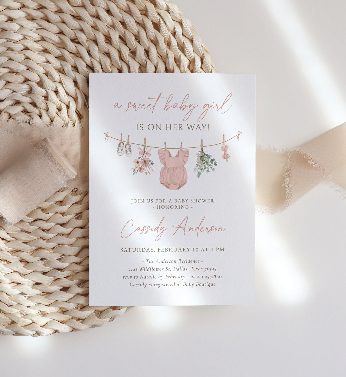 Pink Wildflower Clothesline Baby Shower Invitation