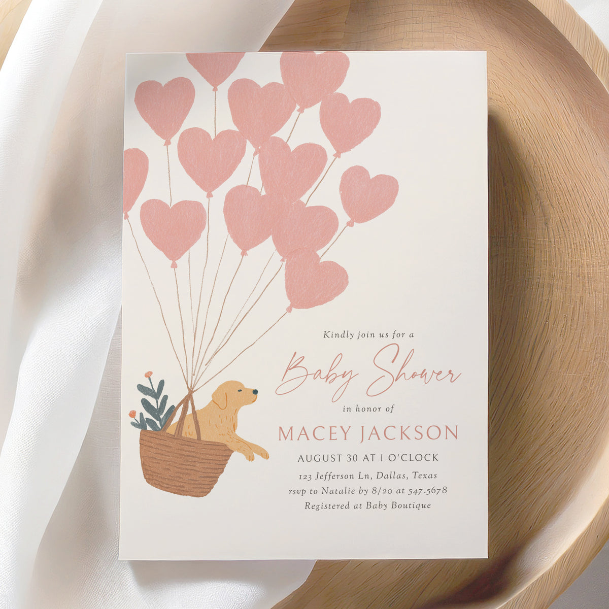 Golden Retriever with Balloons Baby Shower Invitation