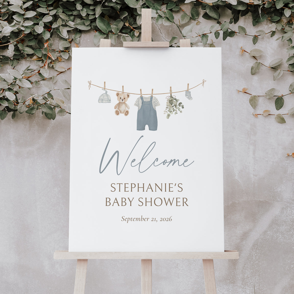 Blue Overalls Clothesline Baby Shower Welcome Sign