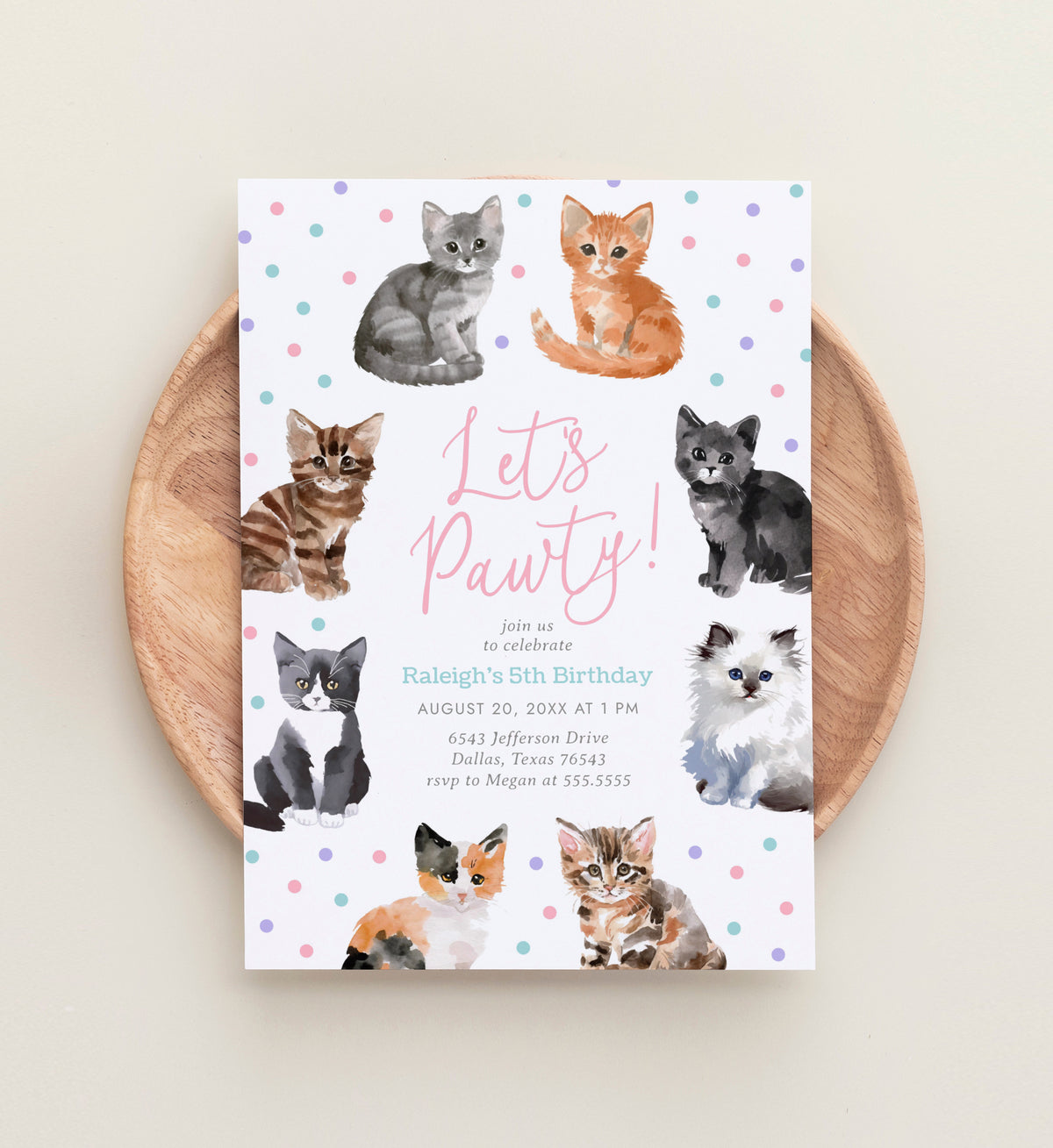 Editable Watercolor Kitten Birthday Invitation