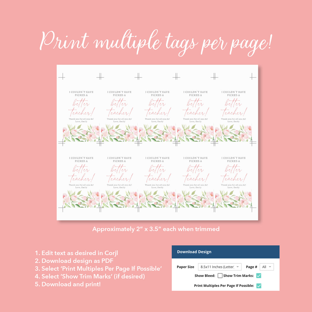 Pink Floral Teacher Appreciation Tag Template