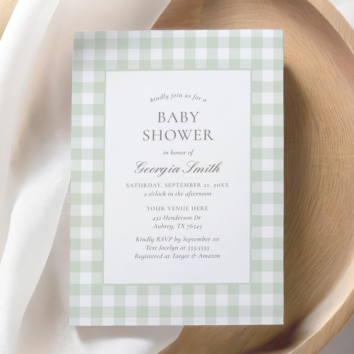 Editable Sage Green Gingham Baby Shower Invitation Template
