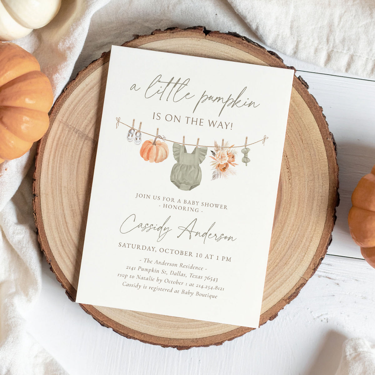 Little Pumpkin Clothesline Girl Baby Shower Invitation