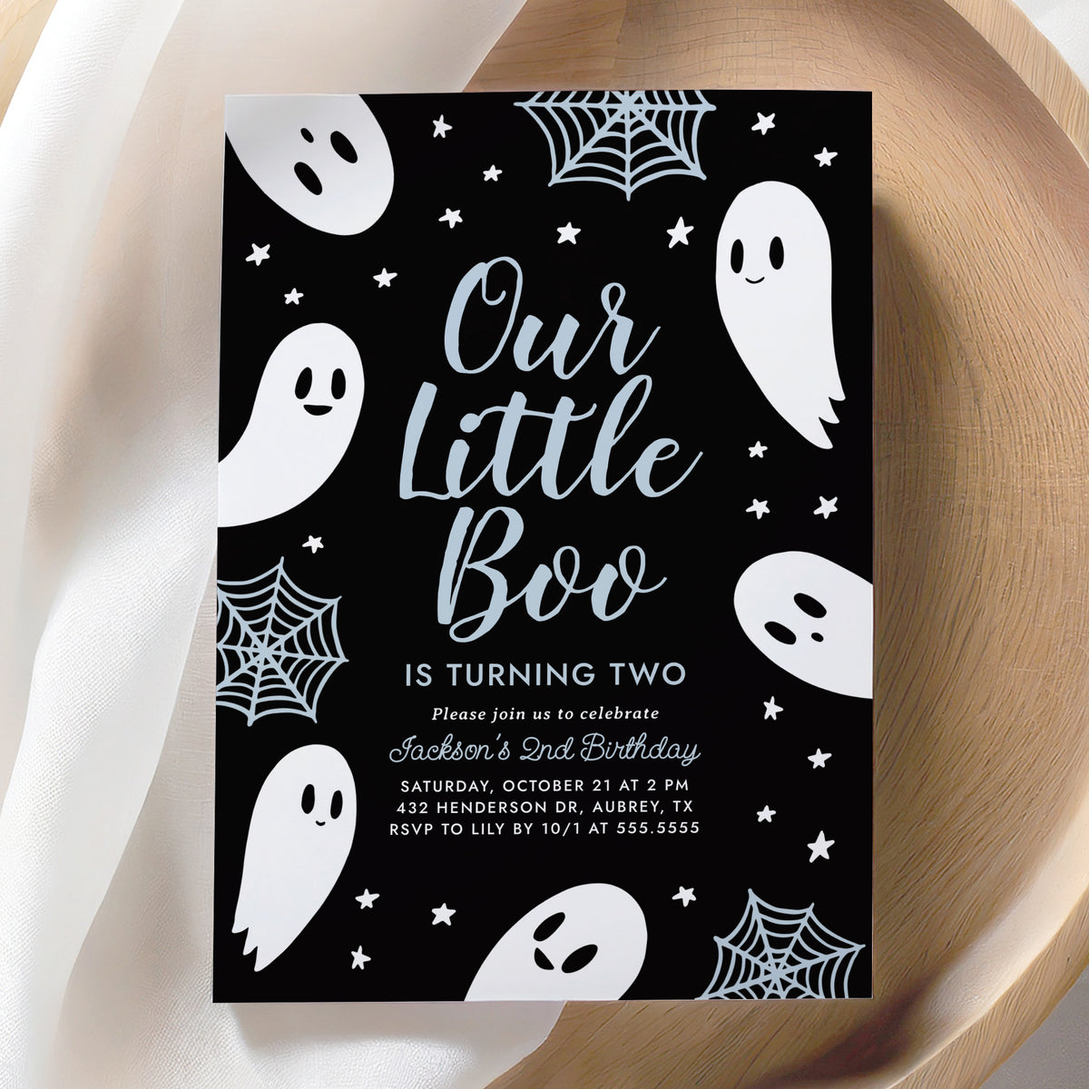 Little Boo Birthday Party Invitation Template (Black &amp; Blue)