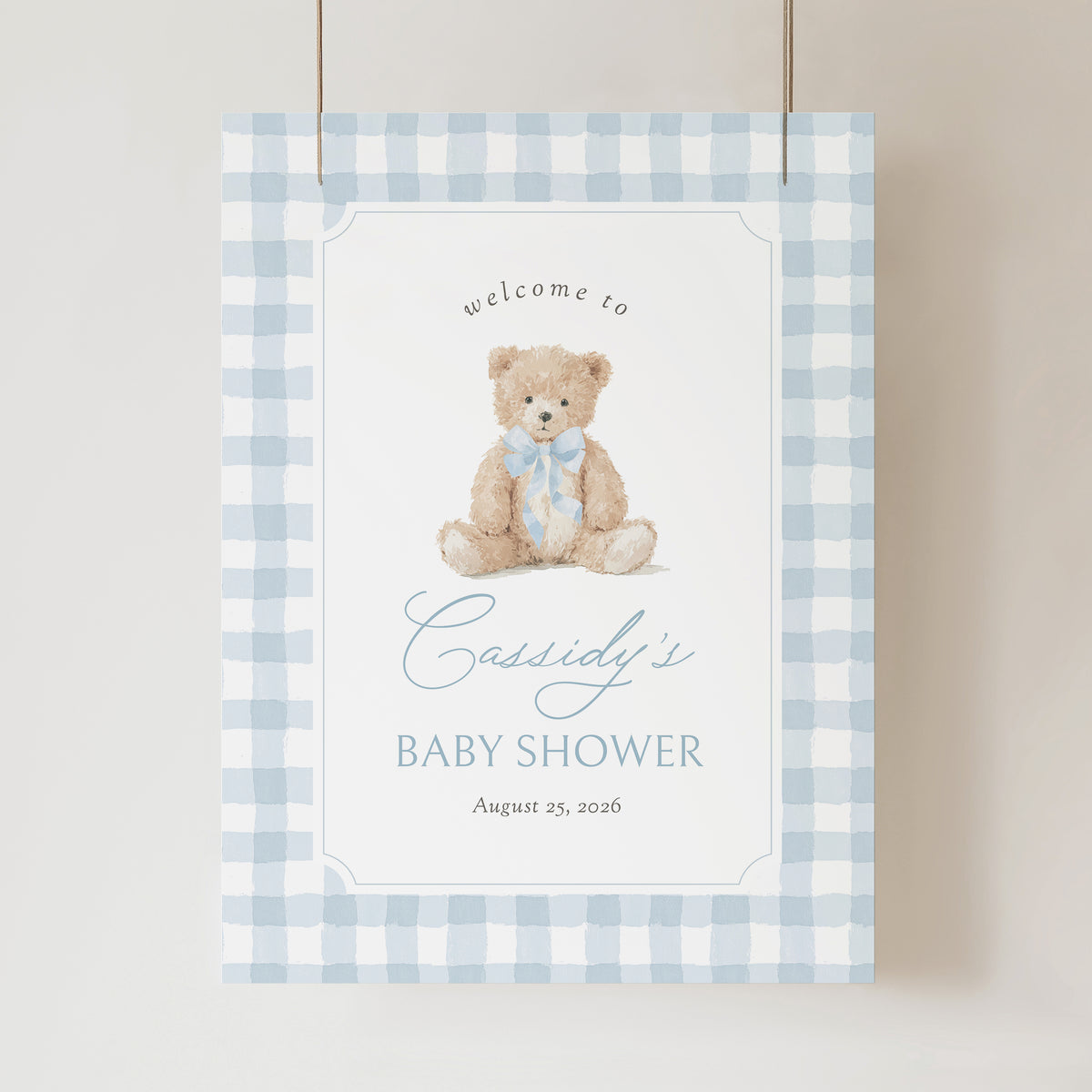 Blue Gingham Teddy Bear Welcome Sign