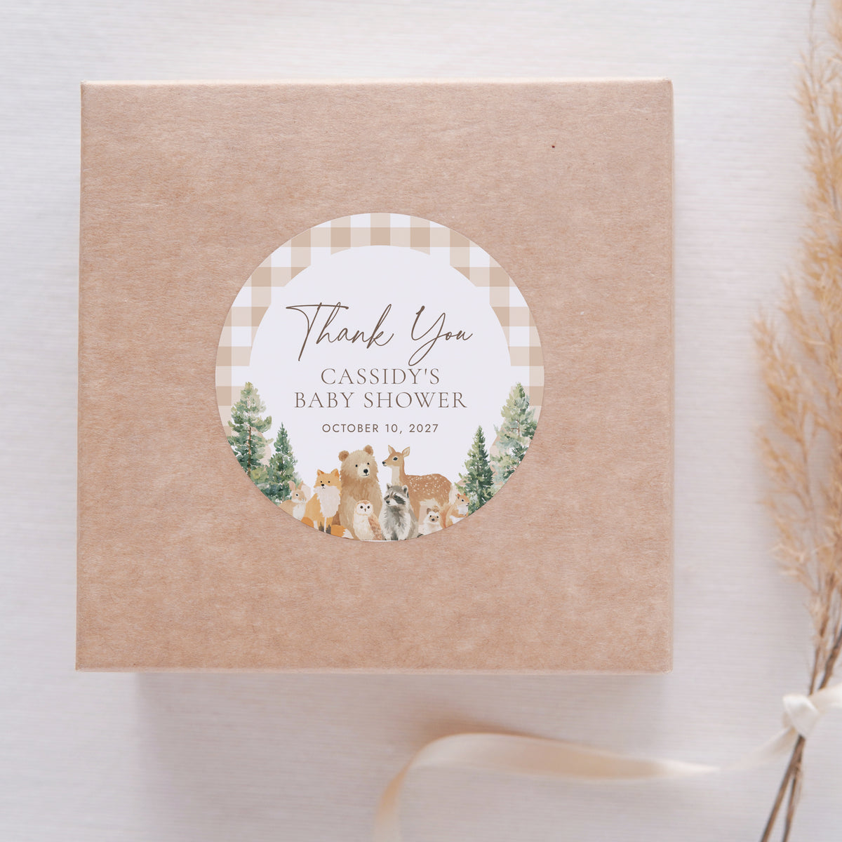 Woodland Gingham Baby Shower Round Tag