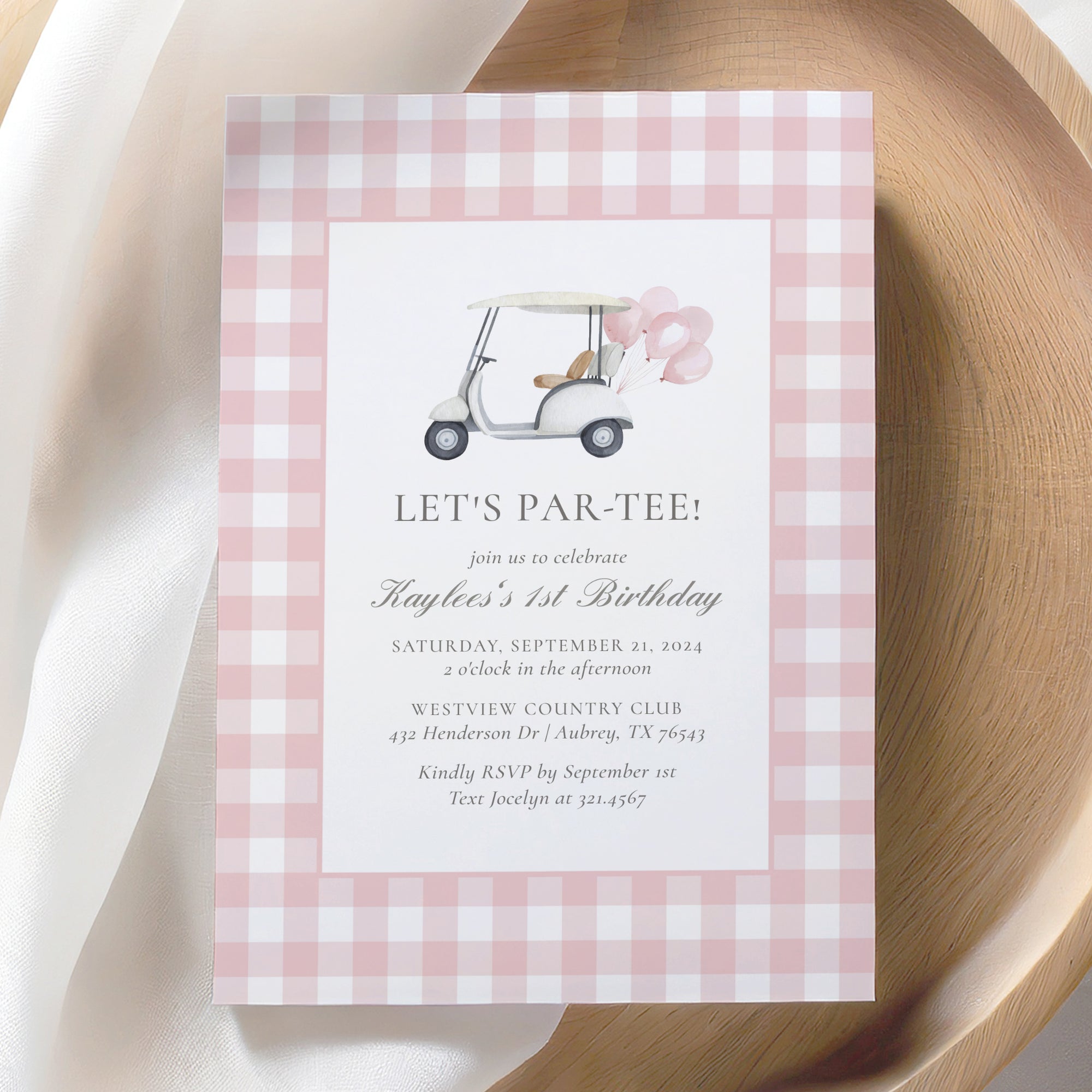 Editable Pink Gingham Golf Birthday Invitation Template