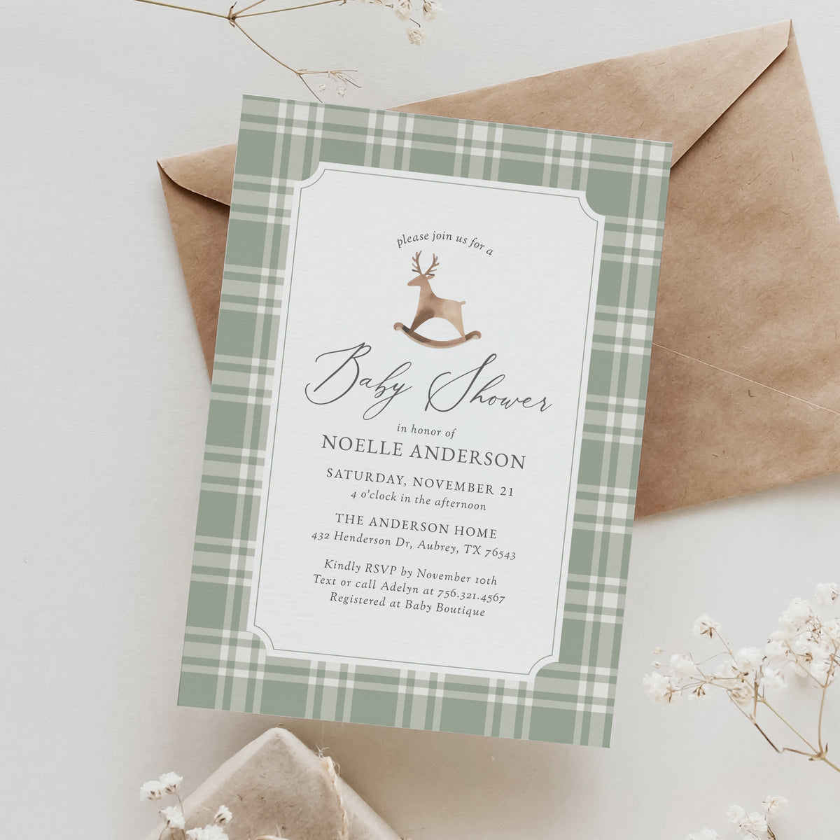 Rocking Reindeer Christmas Baby Shower Invitation