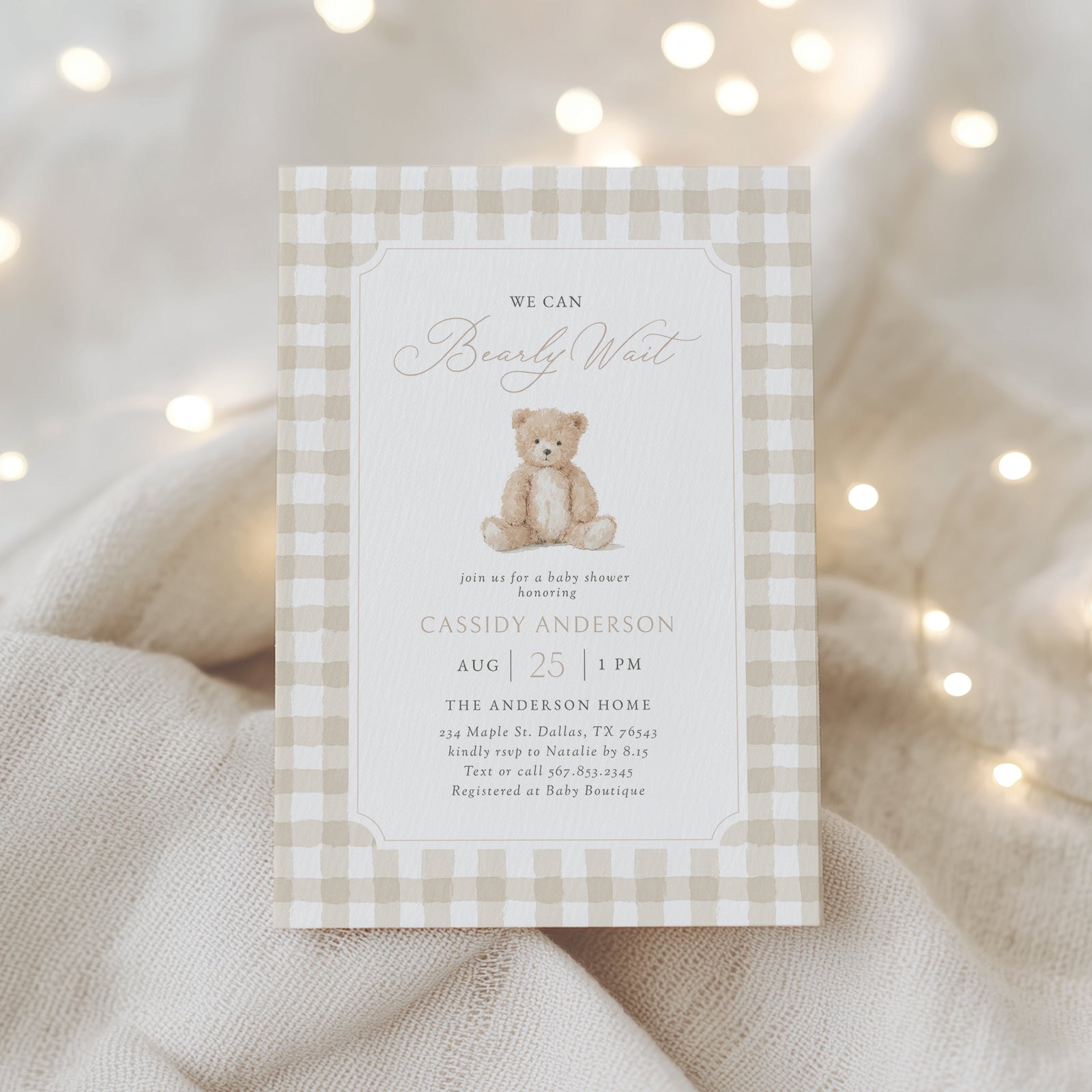 Neutral Gingham Teddy Bear Baby Shower Invitation