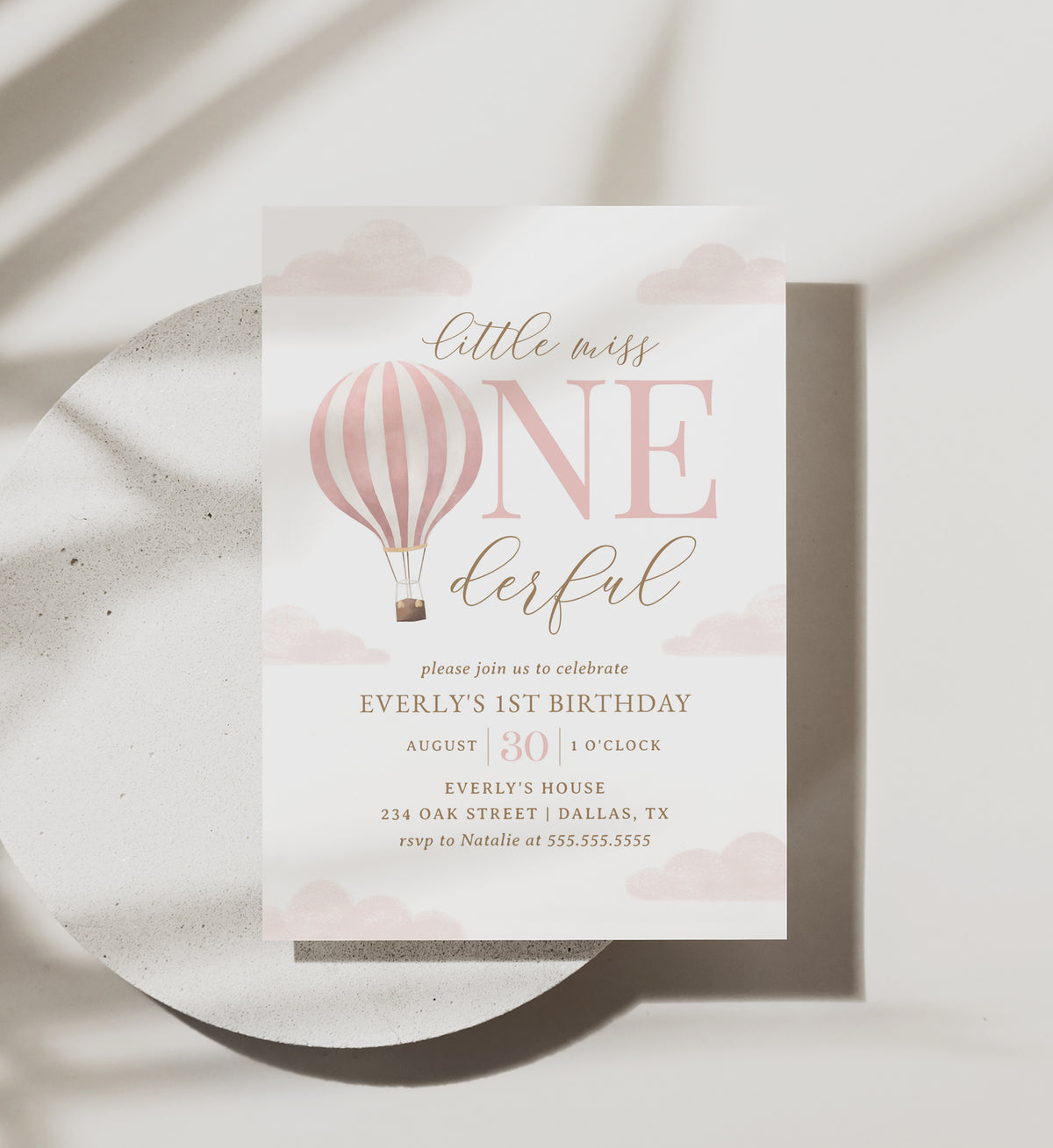 Editable Little Miss Onederful Hot Air Balloon Birthday Invitation