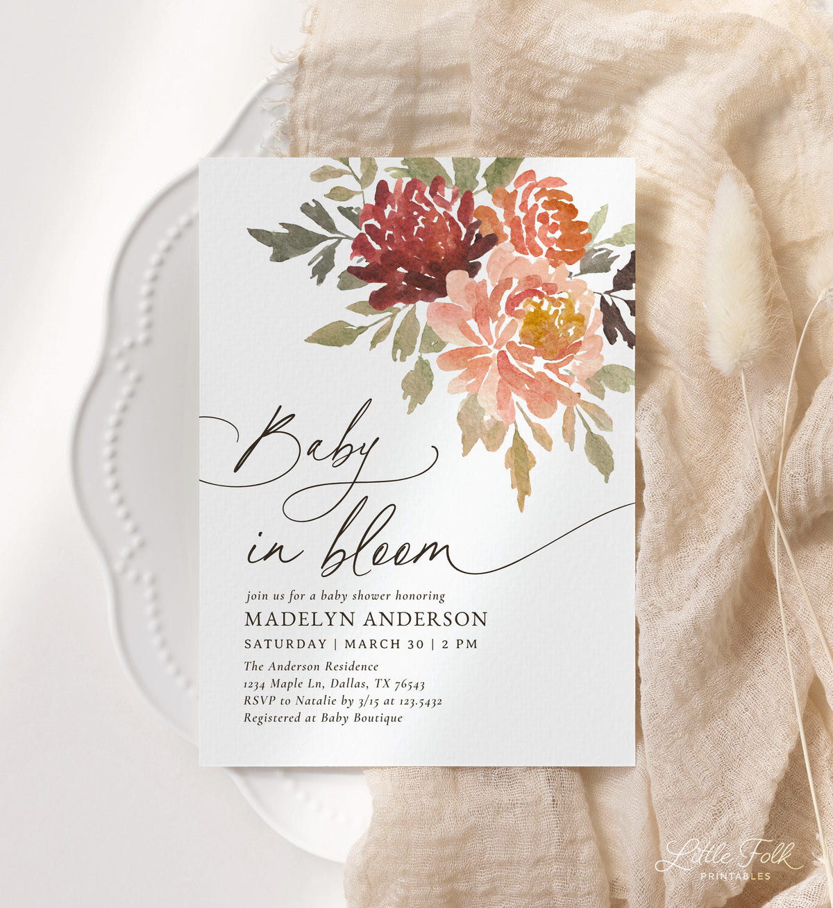 Baby In Bloom Fall Floral Baby Shower Invitation