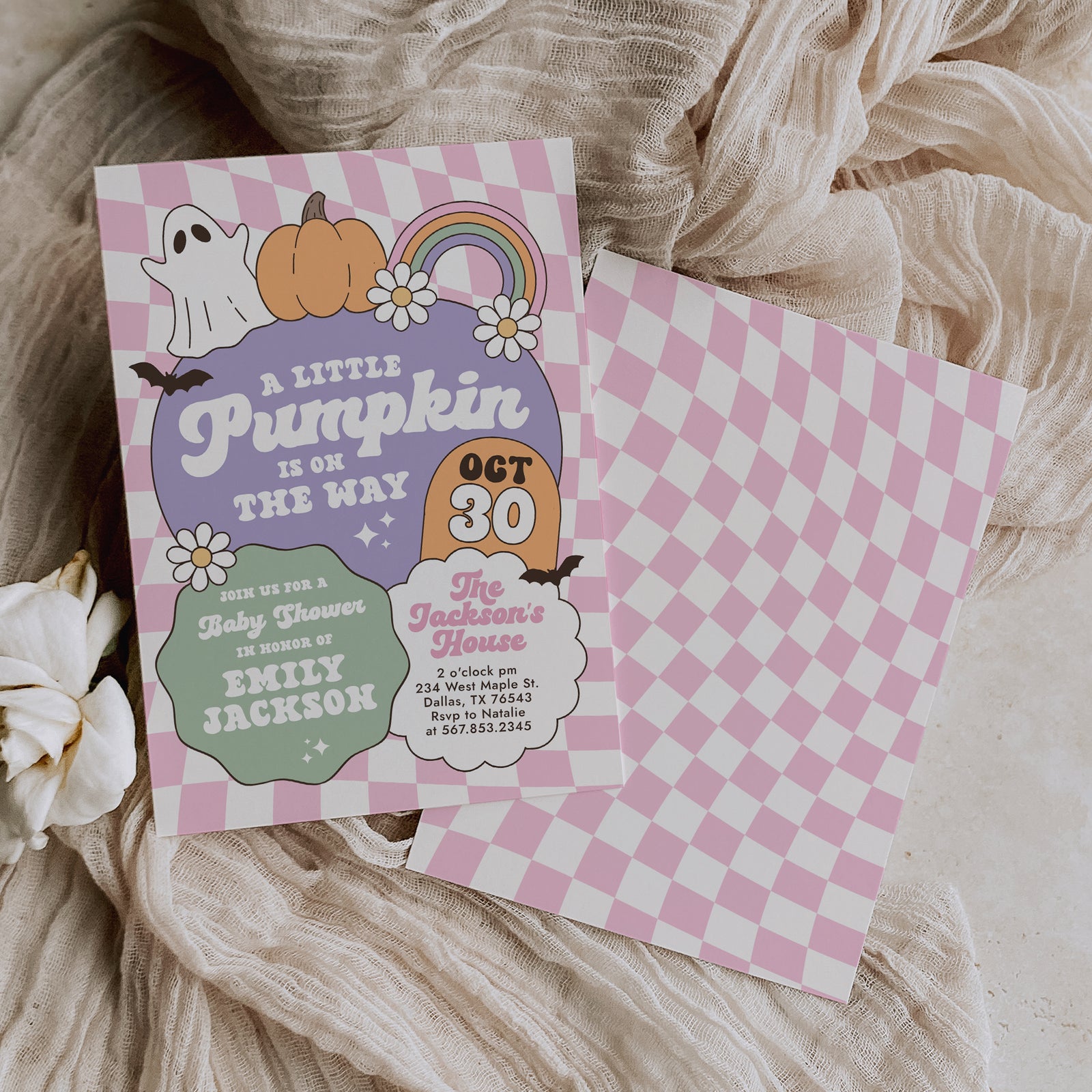 Pink Retro Checker Little Pumpkin Baby Shower Invitation