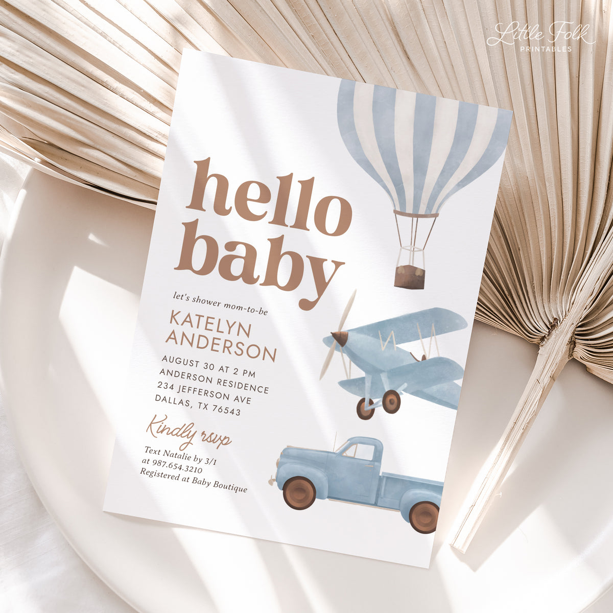 Blue Travel Baby Shower Invitation (Balloon, Plane, Truck)