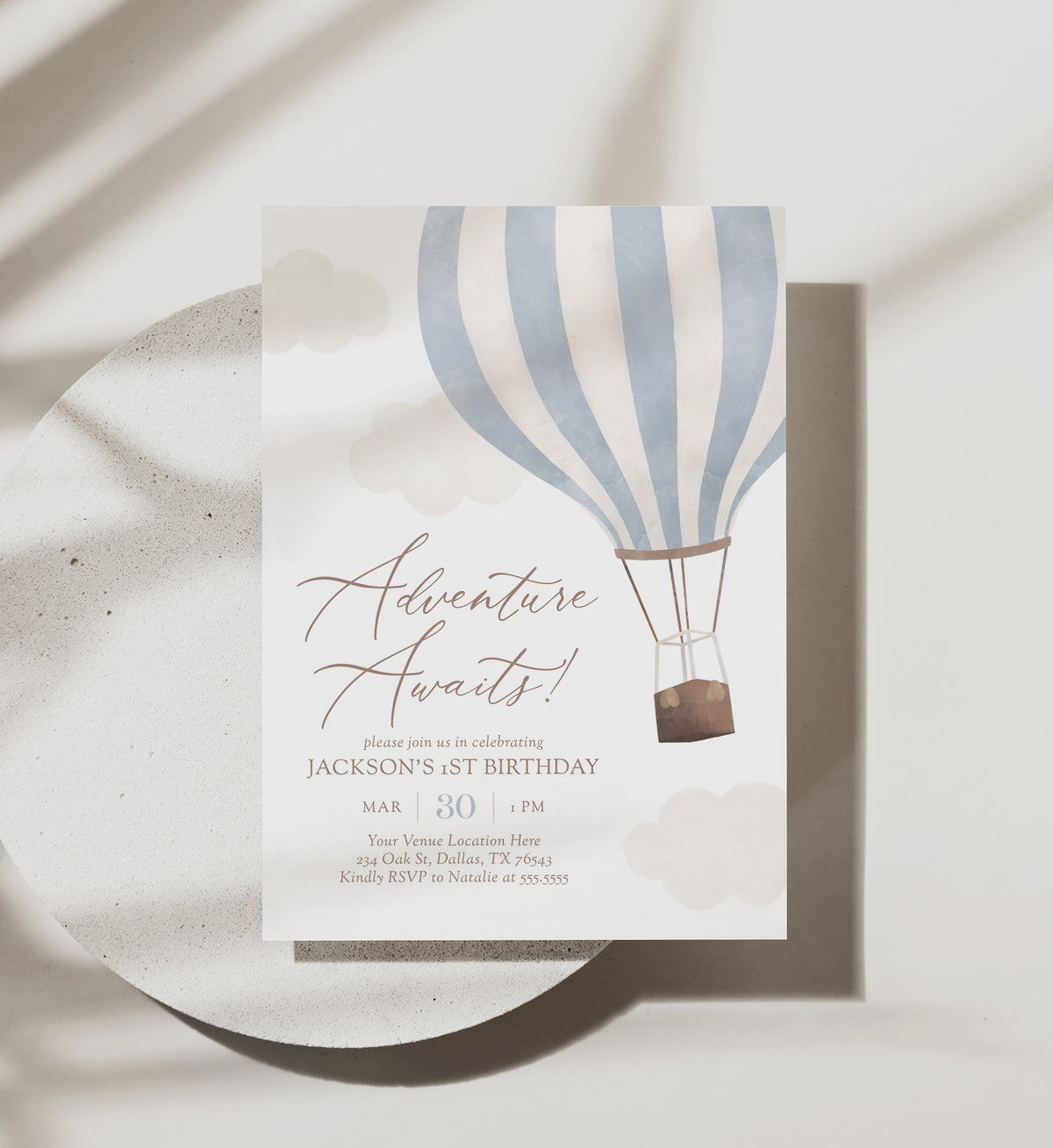 Editable Blue Hot Air Balloon Birthday Invitation Template