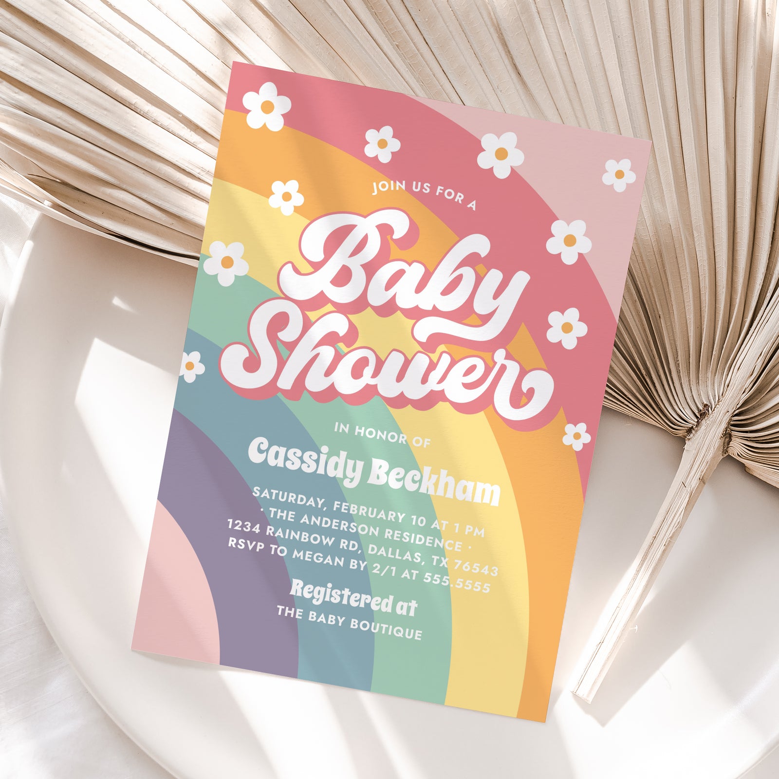 Retro Rainbow Daisy Baby Shower Invitation