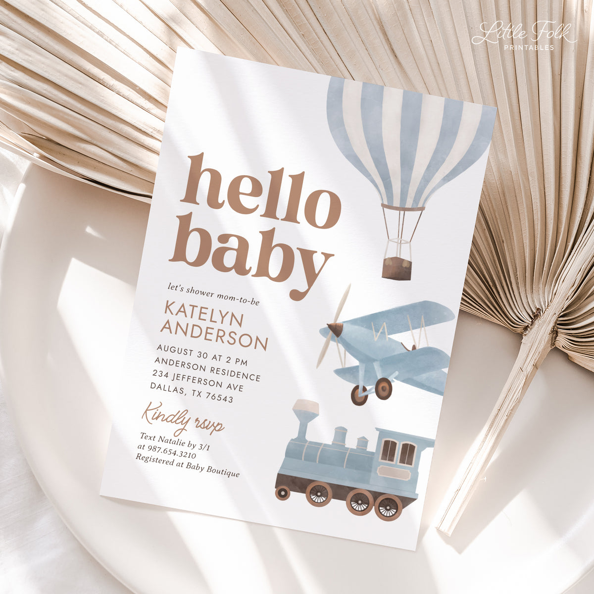 Blue Travel Baby Shower Invitation (Balloon, Plane, Train)
