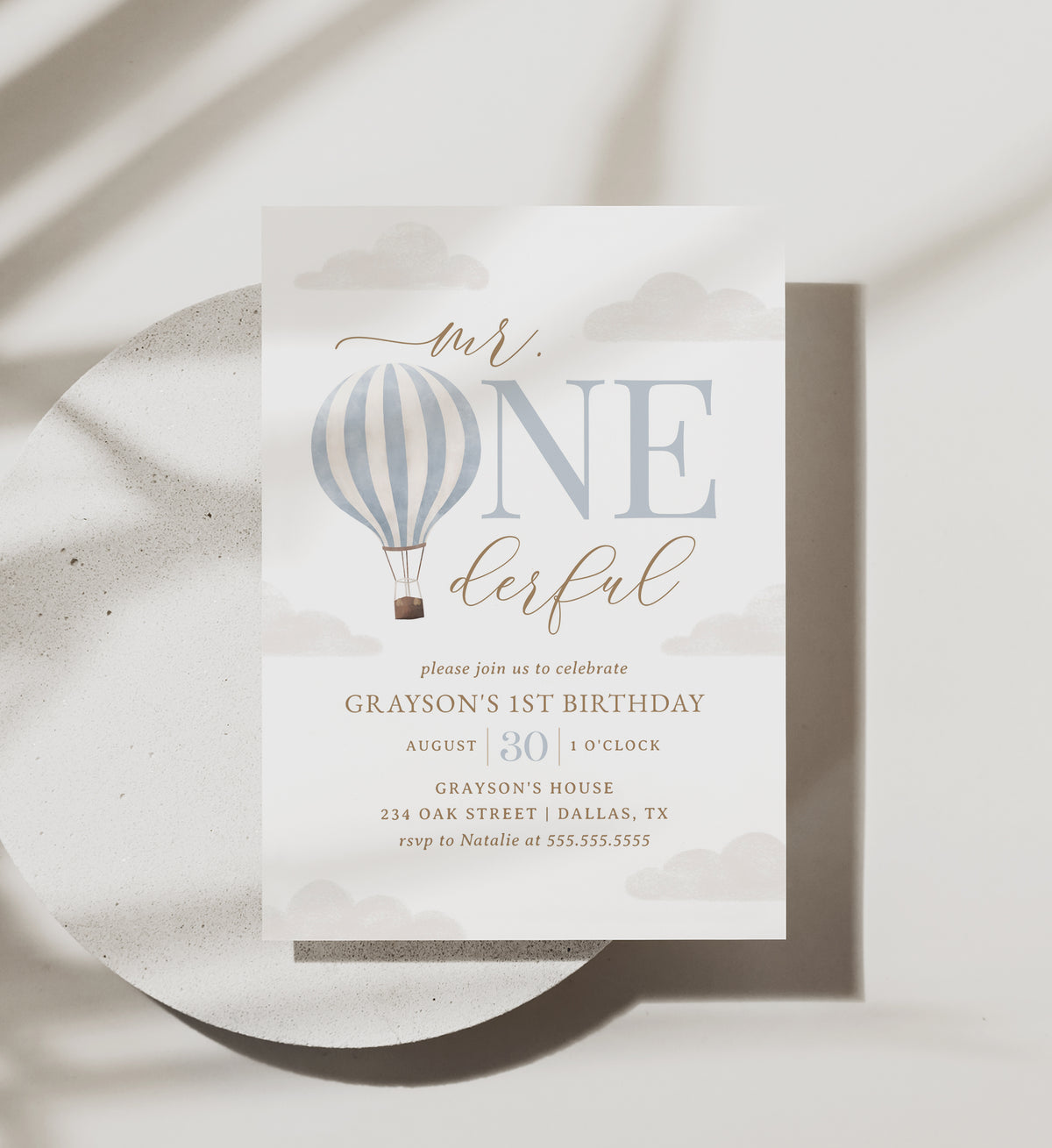 Editable Mr. Onederful Blue Hot Air Balloon Birthday Party Invitation Template