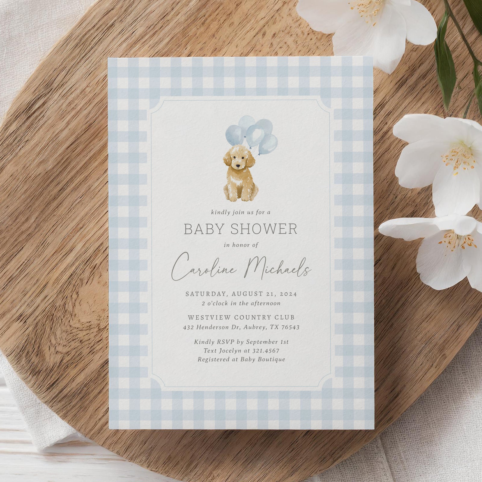 Blue Gingham Golden Doodle Baby Shower Invitation