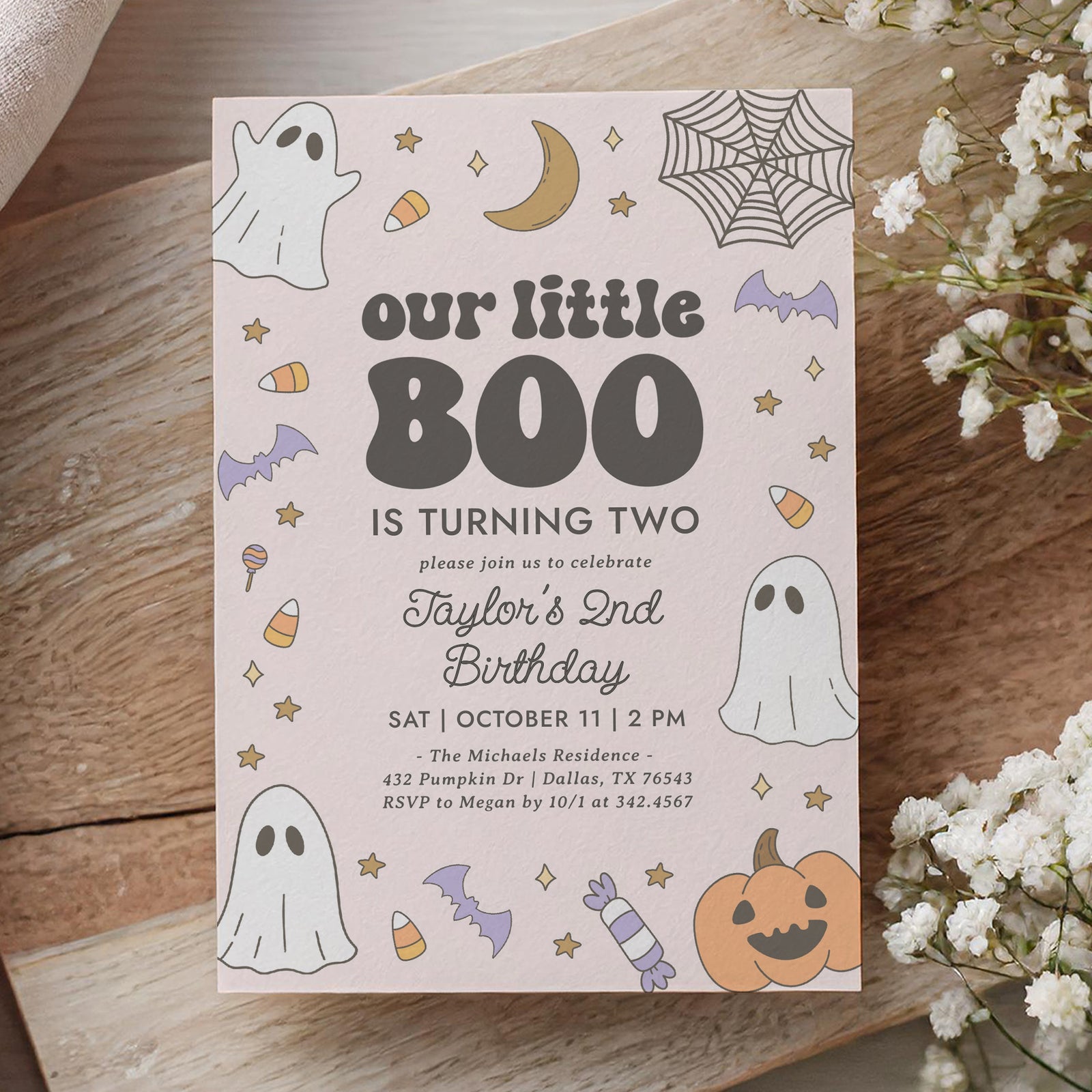 Little Boo Retro Birthday Invitation Template (Pink)