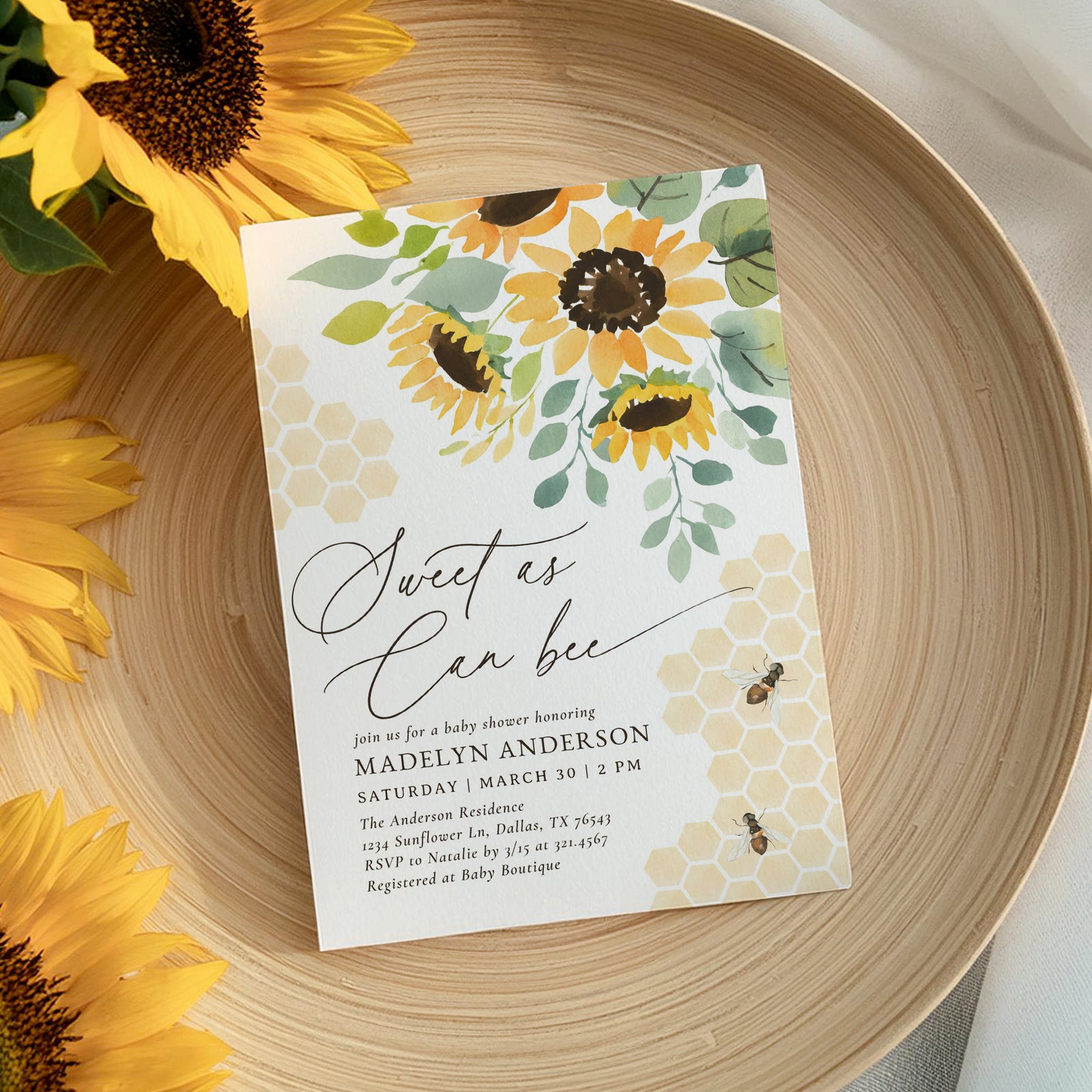 Bee Sunflower Baby Shower Invitation