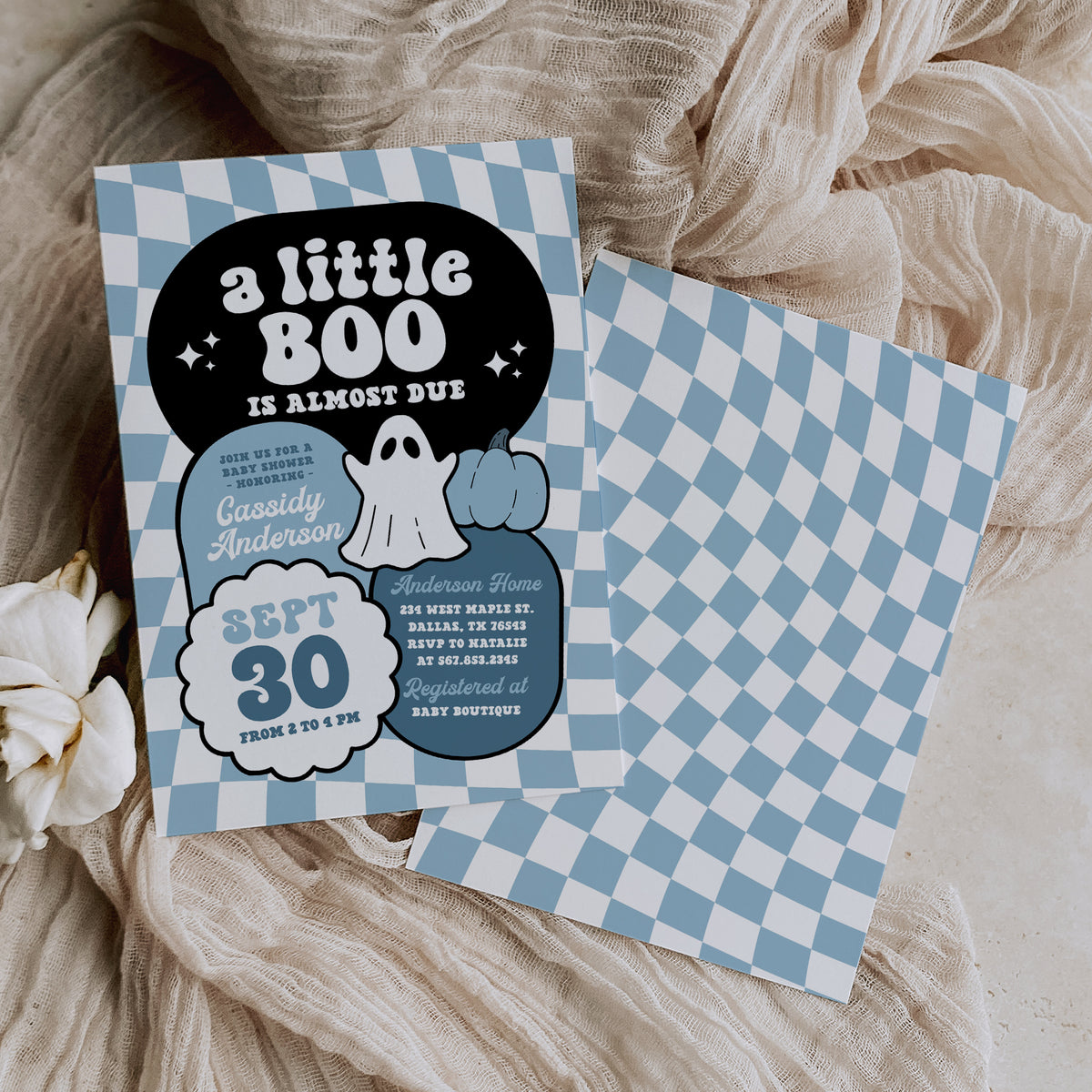 Blue Checker Little Boo Baby Shower Invitation