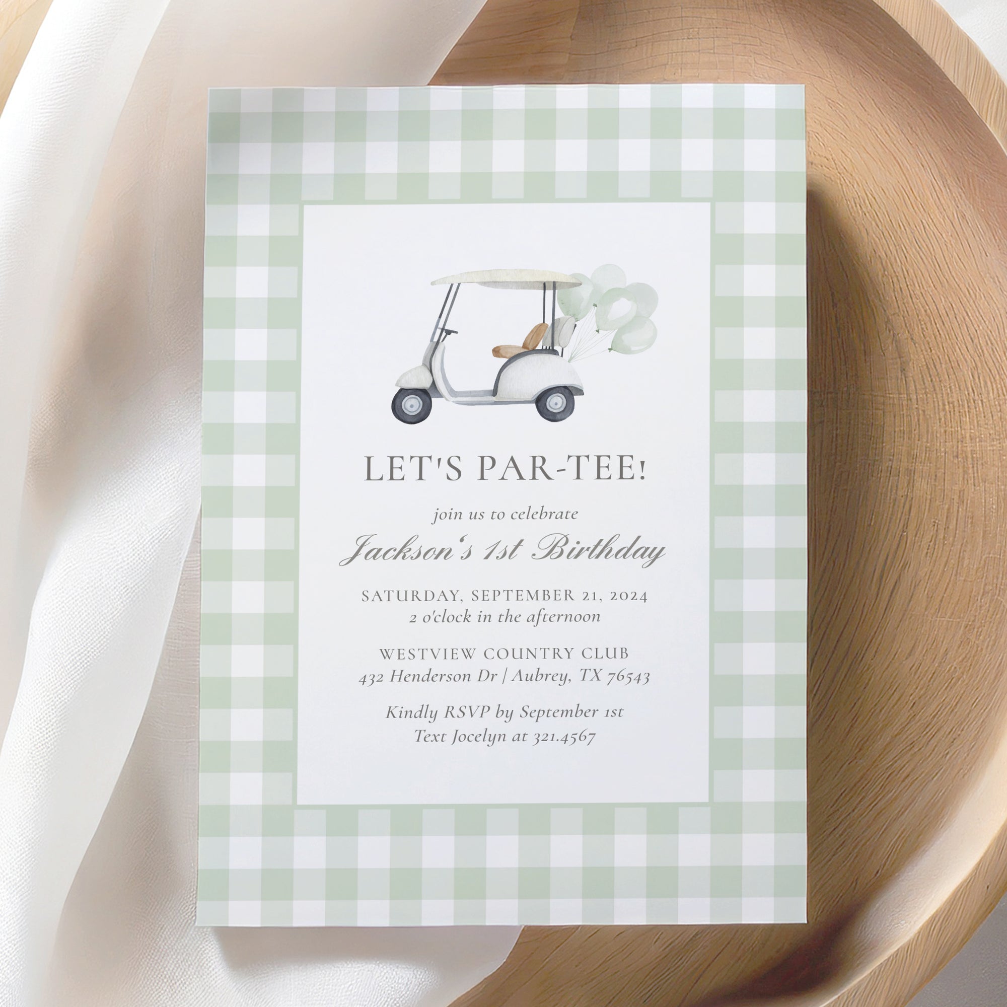 Editable Green Gingham Golf Birthday Invitation Template