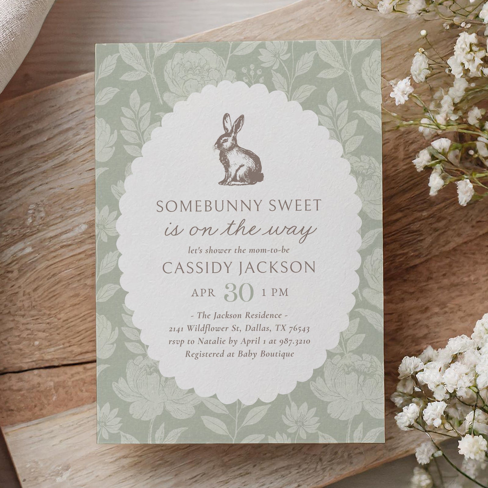 Sage Green Floral Bunny Baby Shower Invitation