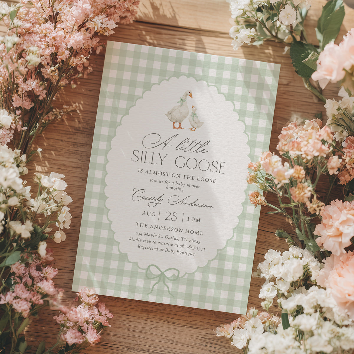 Sage Green Gingham Goose Baby Shower Invitation