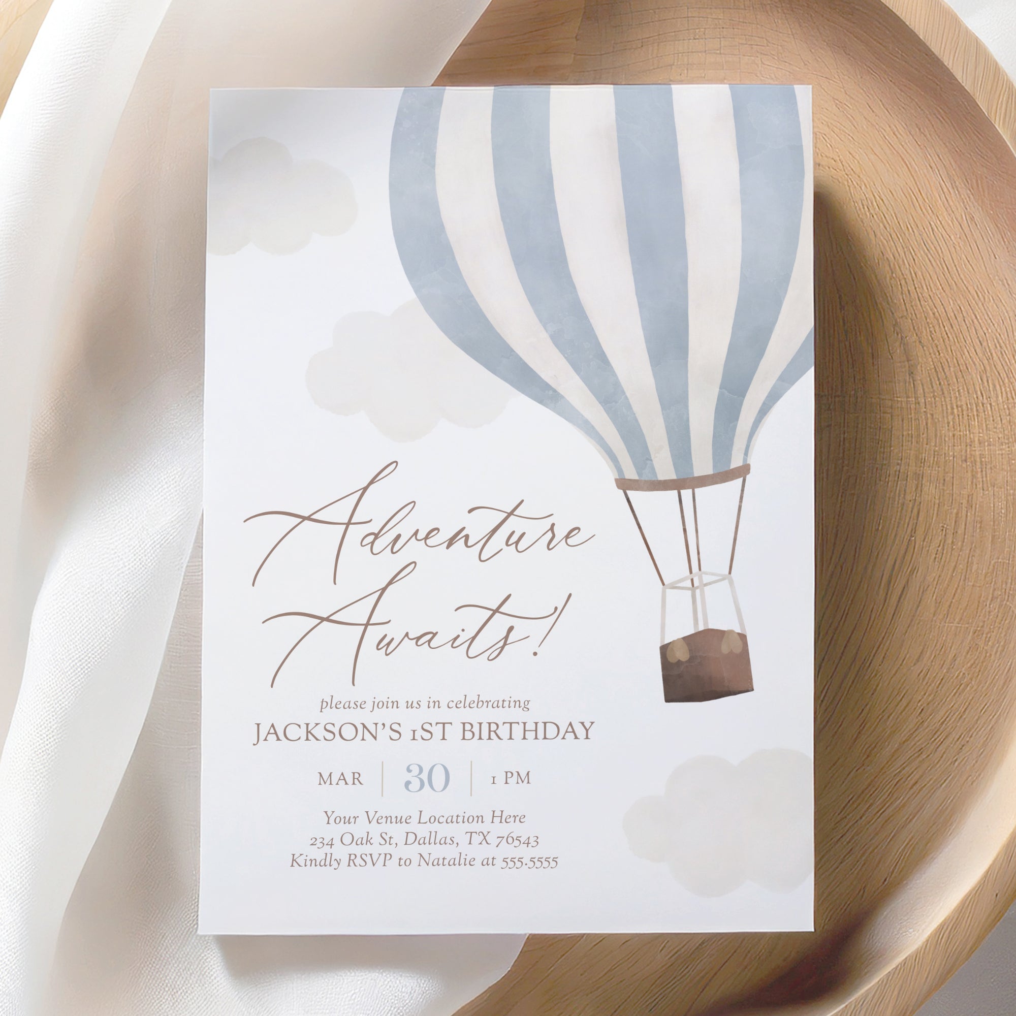 Editable Blue Hot Air Balloon Birthday Invitation Template