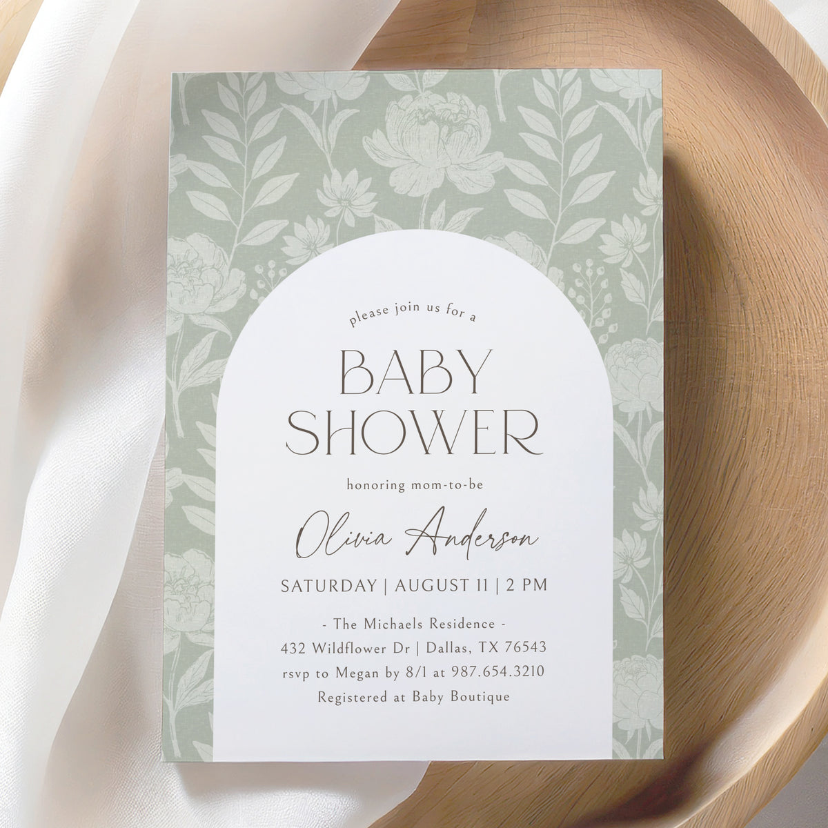 Sage Green Peony Baby Shower Invitation