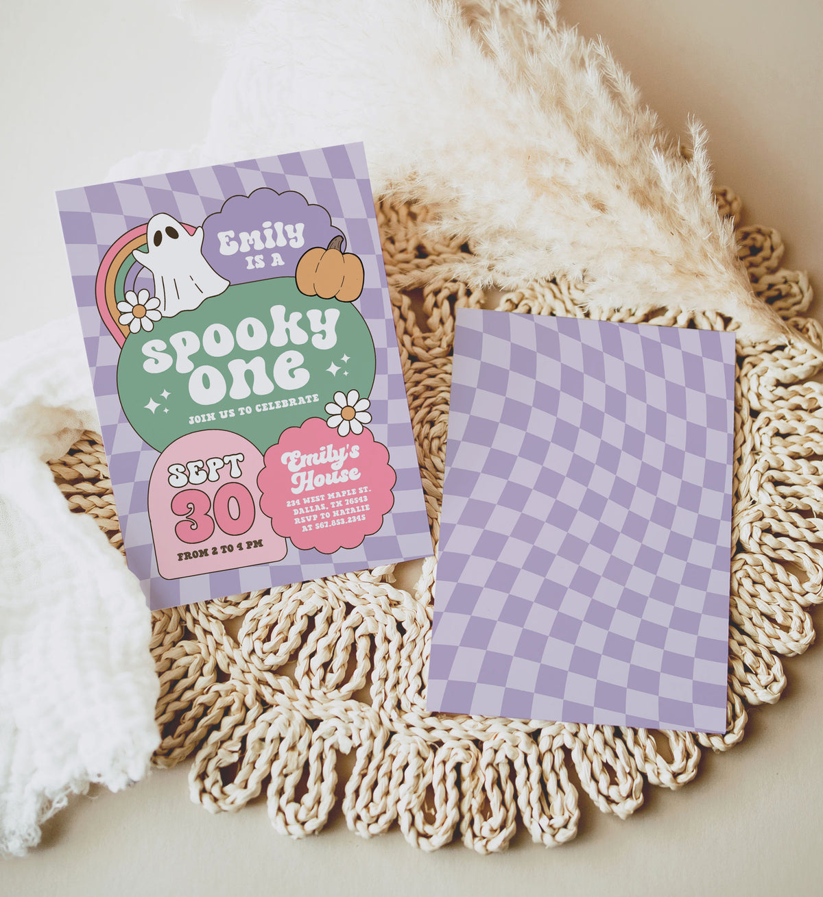 Purple Retro Checker Spooky One Halloween Birthday Invitation