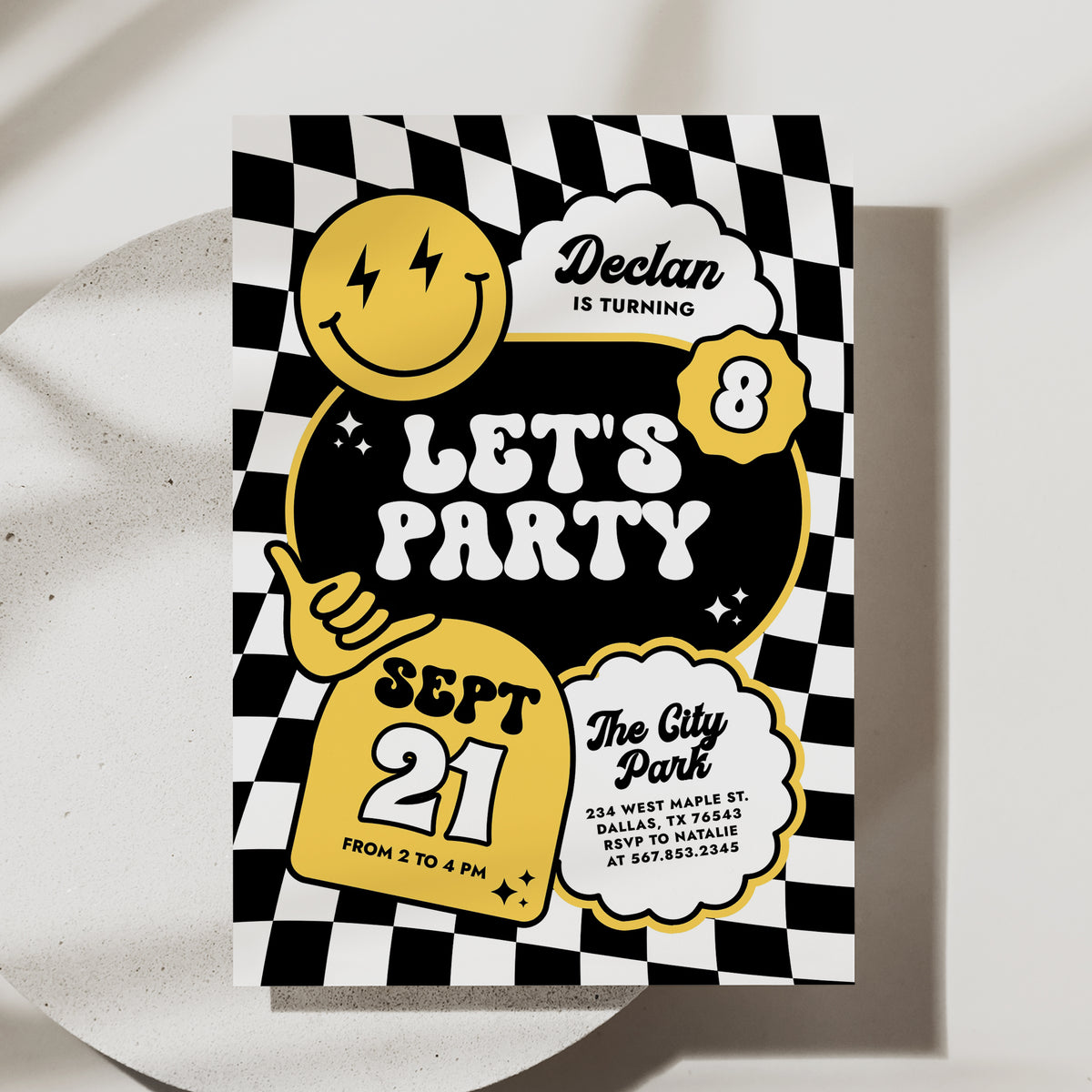 Black and Yellow Checker Smile Face Birthday Invitation
