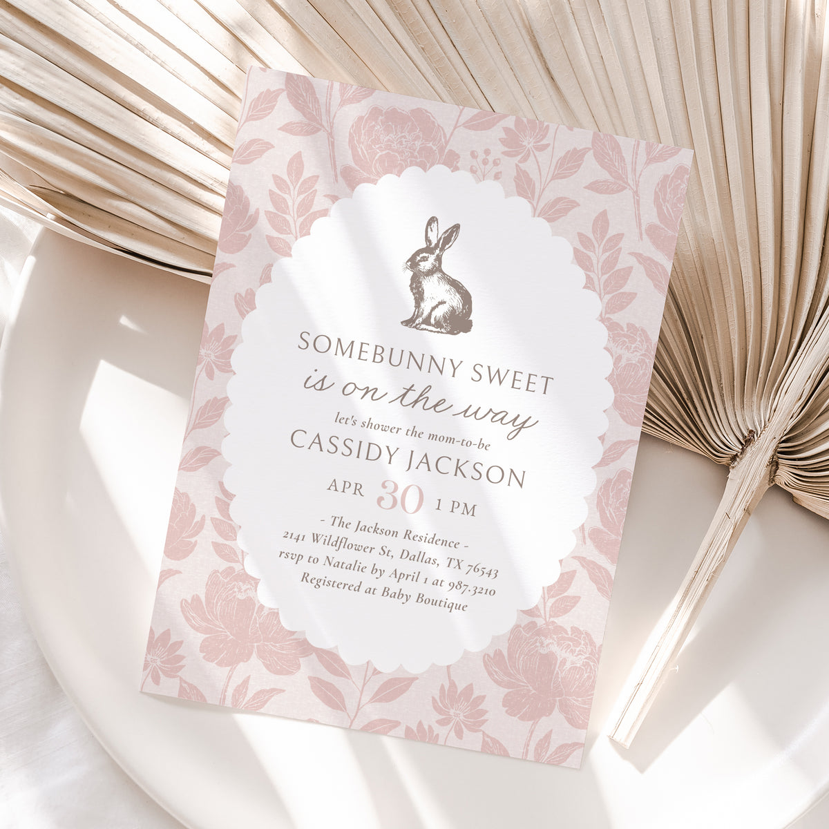 Pink Floral Bunny Baby Shower Invitation