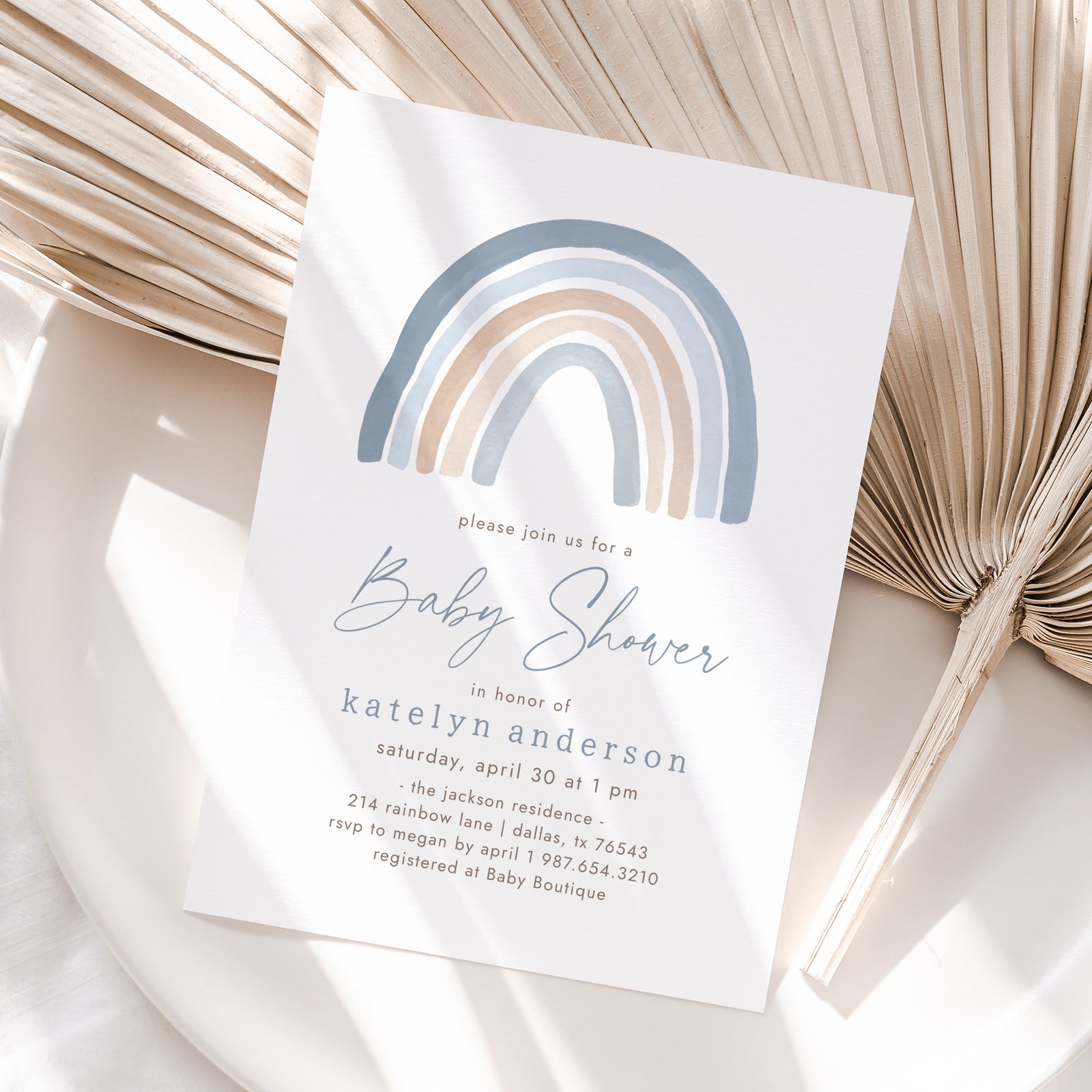 Blue Watercolor Rainbow Baby Shower Invitation