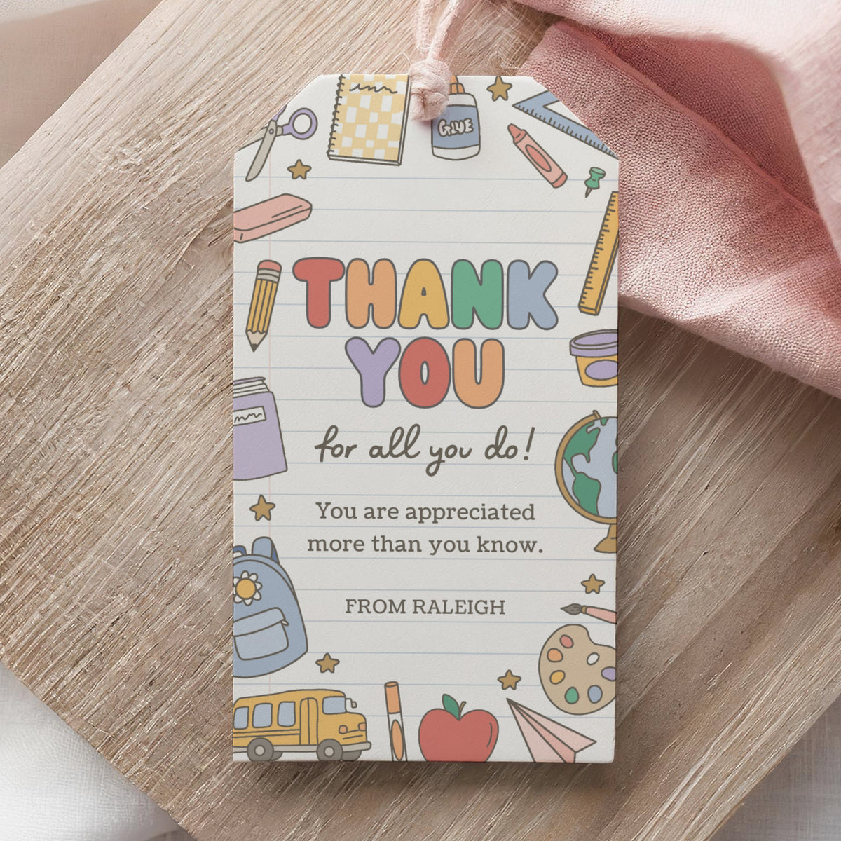 Retro School Supplies Teacher Appreciation Tag Template