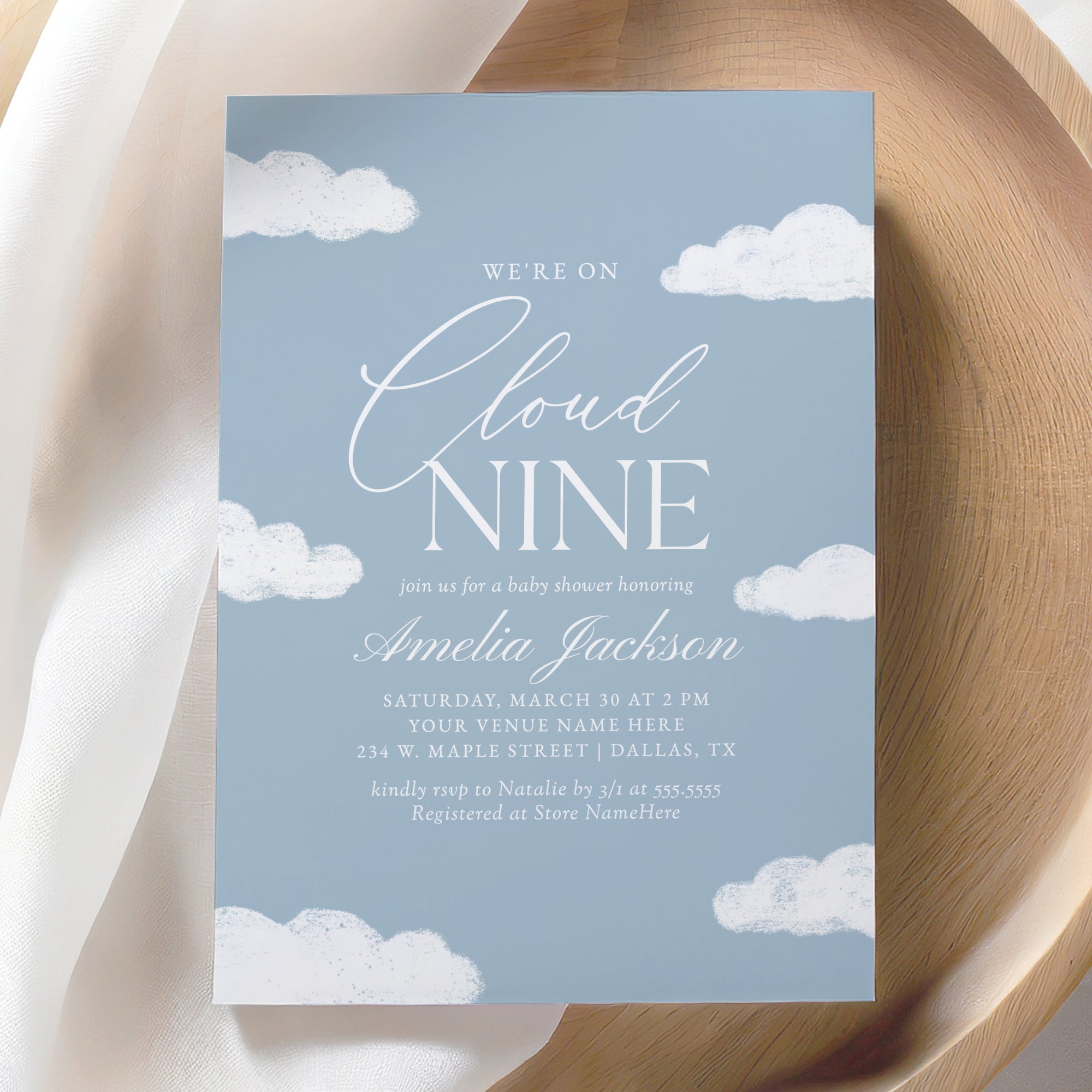 Editable Blue Cloud Nine Baby Shower Invitation Template