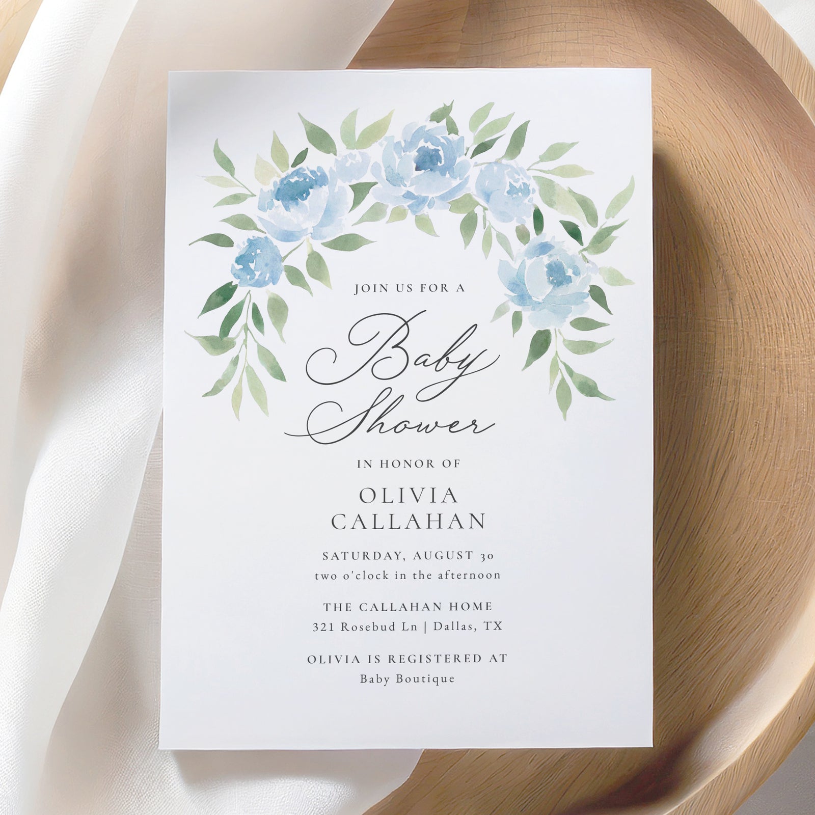 Blue Floral Arch Baby Shower Invitation